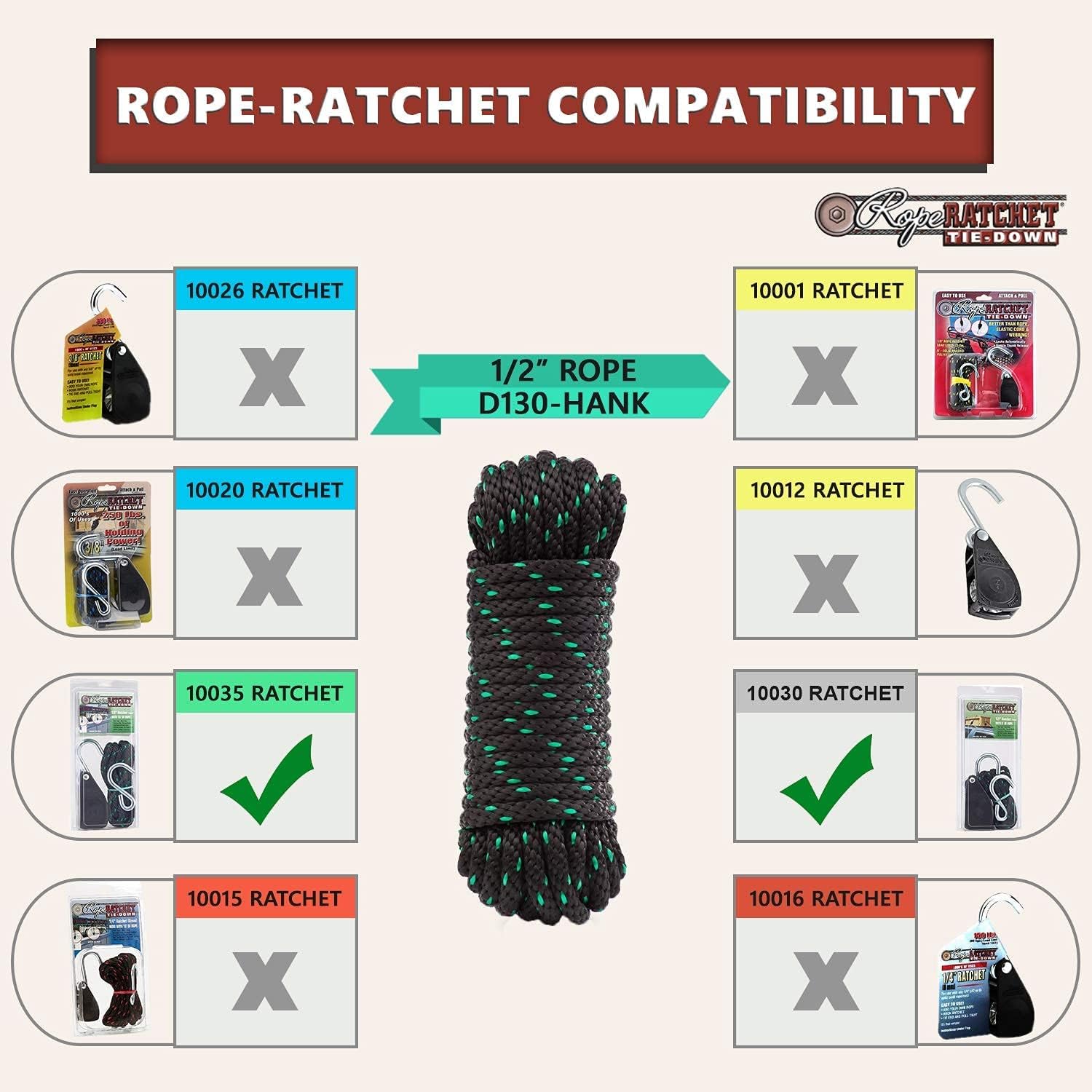 Rope Ratchet 10035 1/2" Tie Down Rope Pulley Rope Hoist and 1/2", 50 ft Solid Braided Polypropylene Rope