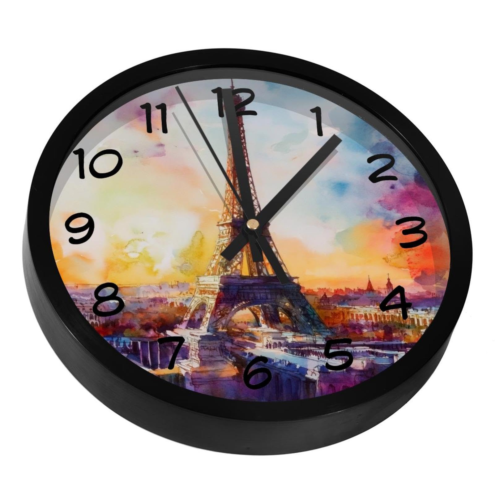 Horloge murale silencieuse aquarelle Tour Eiffel pour cuisine salon et chambre