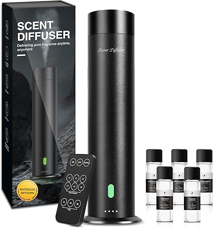 Waterless Scent Diffuser Starter Kit - 800 Sq Ft Coverage, Hotel Scent Diffuser, Essential Oil Diffuser Large Room, Included 5 Scent Oils, Remote Control, Black, 11.20In