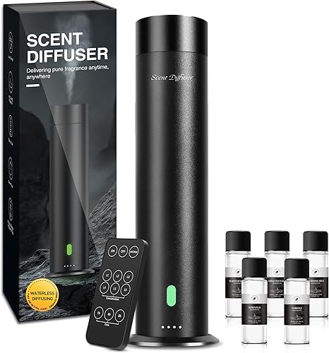 Waterless Scent Diffuser Starter Kit - 800 Sq Ft Coverage, Hotel Scent Diffuser, Essential Oil Diffuser Large Room, Included 5 Scent Oils, Remote Control, Black, 11.20In