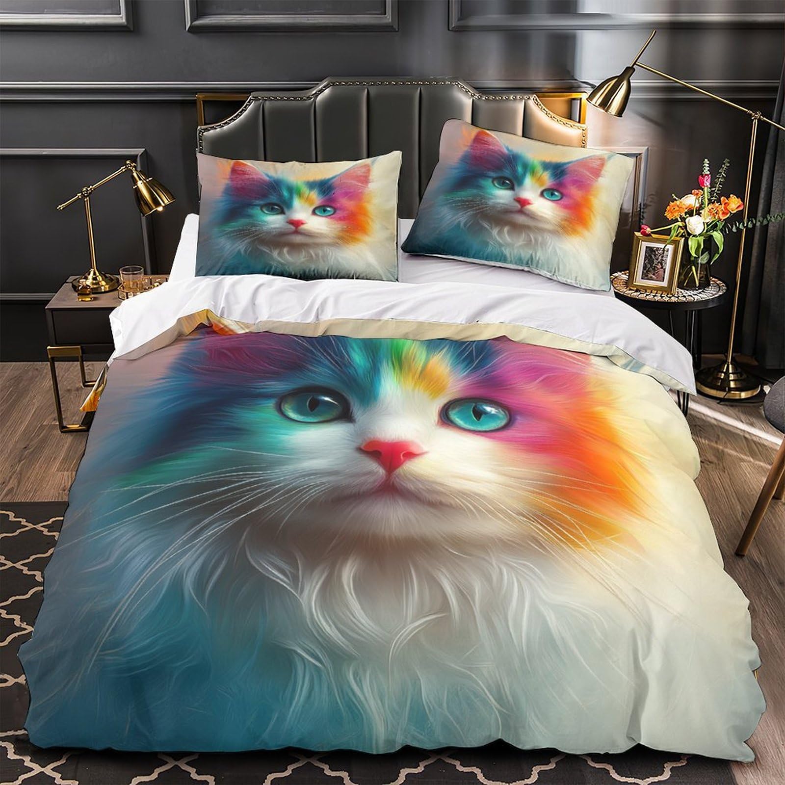 Housses de couette chat coloré 3D en microfibre 260x220 cm avec 2 taies d'oreiller