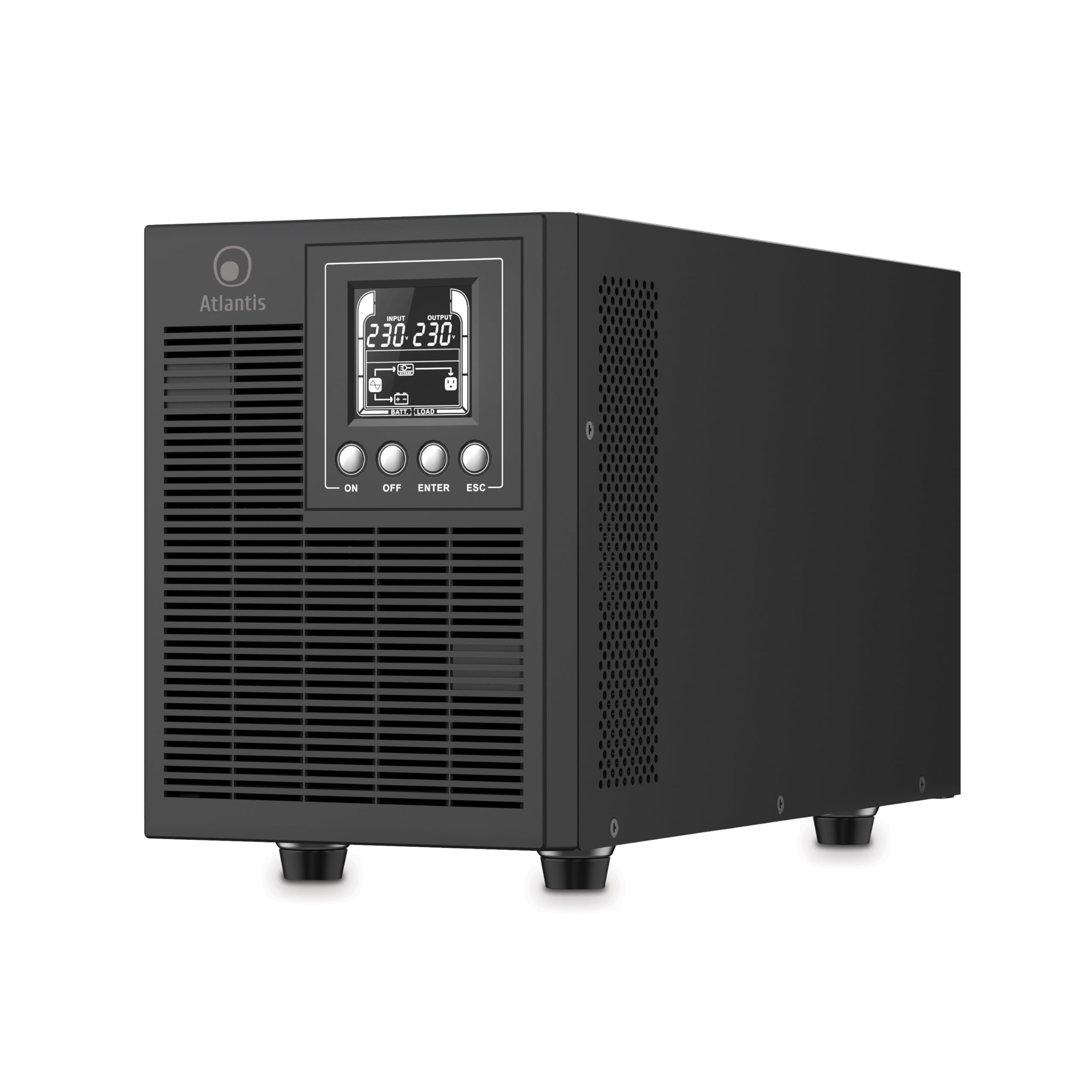 Atlantis A03-OP2002P Pro UPS Sistema de alimentación ininterrumpida Online Doble conversión Onda sinusoidal Pura 2000VA 1800W, Torre, Pantalla LCD, USB, RS-232, 4 Salidas IEC, Ranura SNMP, 4x12V 9Ah