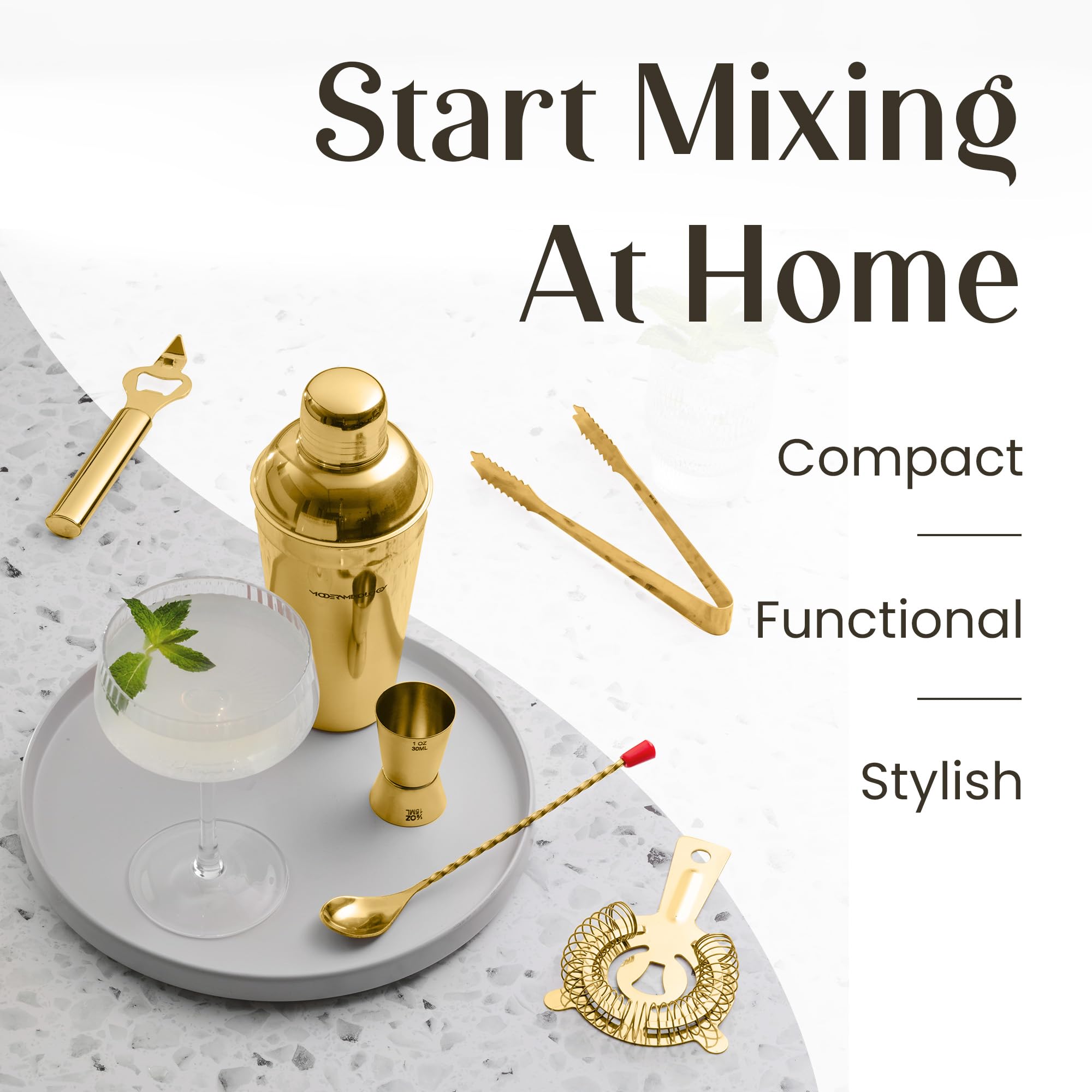 Mixology Bartender Kit con supporto | Oro con supporto in legno di pino, set shaker per cocktail - Strumenti da bar: shaker Martini, Jigger, colino, cucchiaio, pinze, apri | Nuova idea regalo per
