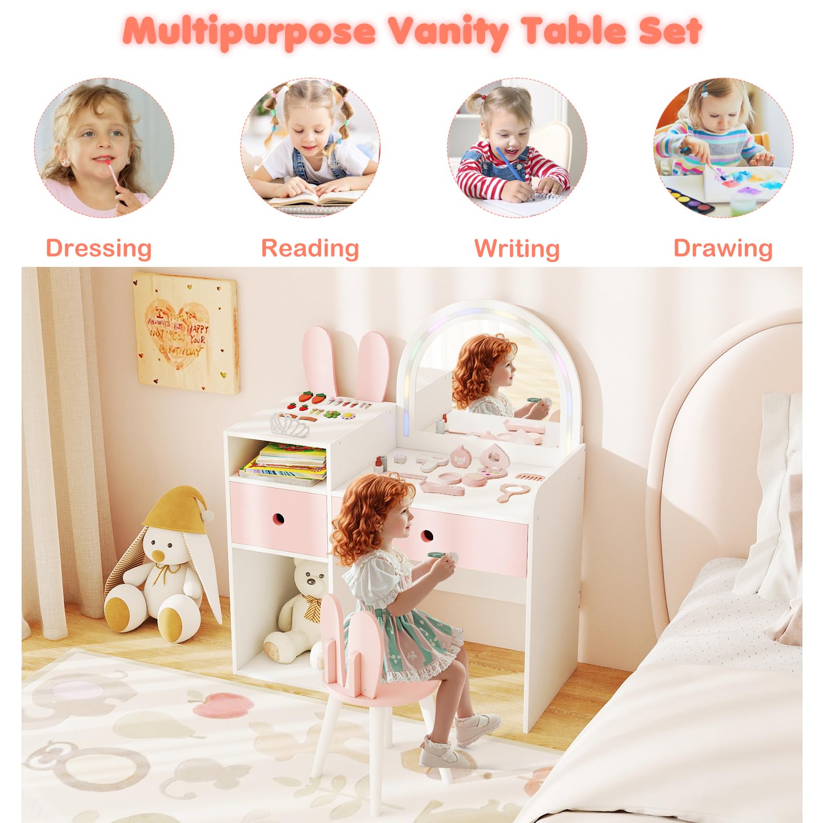 LIFEZEAL Specchiera Trucco per Bambina 3+Anni, con Luci, Sgabello, Sedia, Toeletta Tavolo, Forma di Coniglio, Postazione Make up, Vanity, Cassetti, Scomparti Aperti, Accessori, Cameretta (bianco)