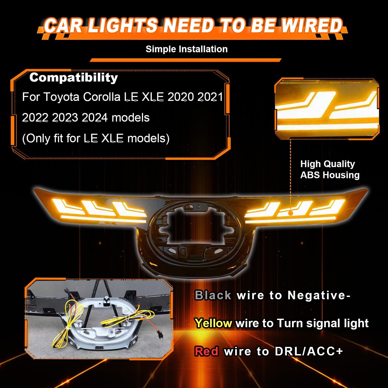 LED Front Bumper Center Grille Light Fog Light for Toyota Corolla LE XLE 2020 2021 2022 2023 2024 (Not fit SE/XSE), Amber Sequential Turn Signal Lamp & White Daytime Running Light DRL