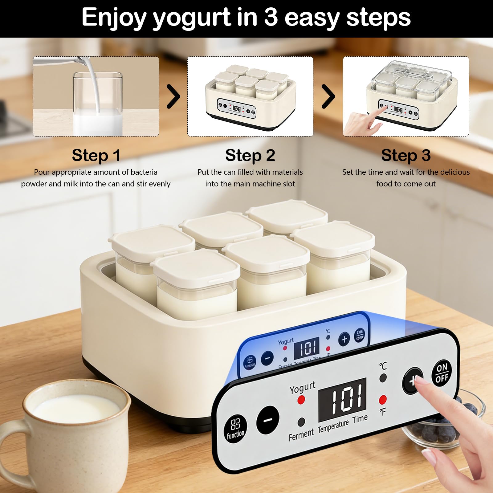 Yogurtiera, Macchina per Yogurt da 1,6L con 6 Vasetti da 250 ml Yogurtiera con Impostazione del Timer da 1 a 99 ore Controllo Della Temperatura da 21 a 48°C e LCD Display per Yogurt Natto Vino di Riso