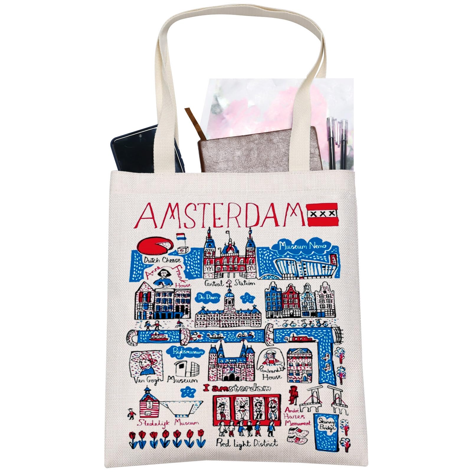 LEVLO Amsterdam Netherlands Canvas Tote Bag Amsterdam Landmarks Souvenir Gift Amsterdam Travel Shoulder Bag For Traveler