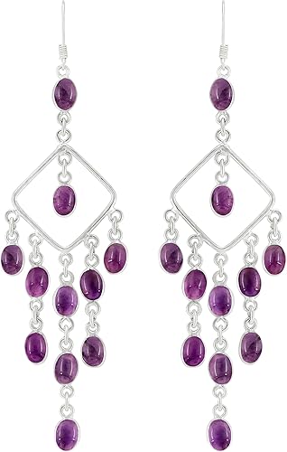 Natural Oval Gemstones Dangle Earrings for Women Handmade 925 Silver Plated Boho Drop Earrings Statement Birthstone Comfortable Fashion Jewelry