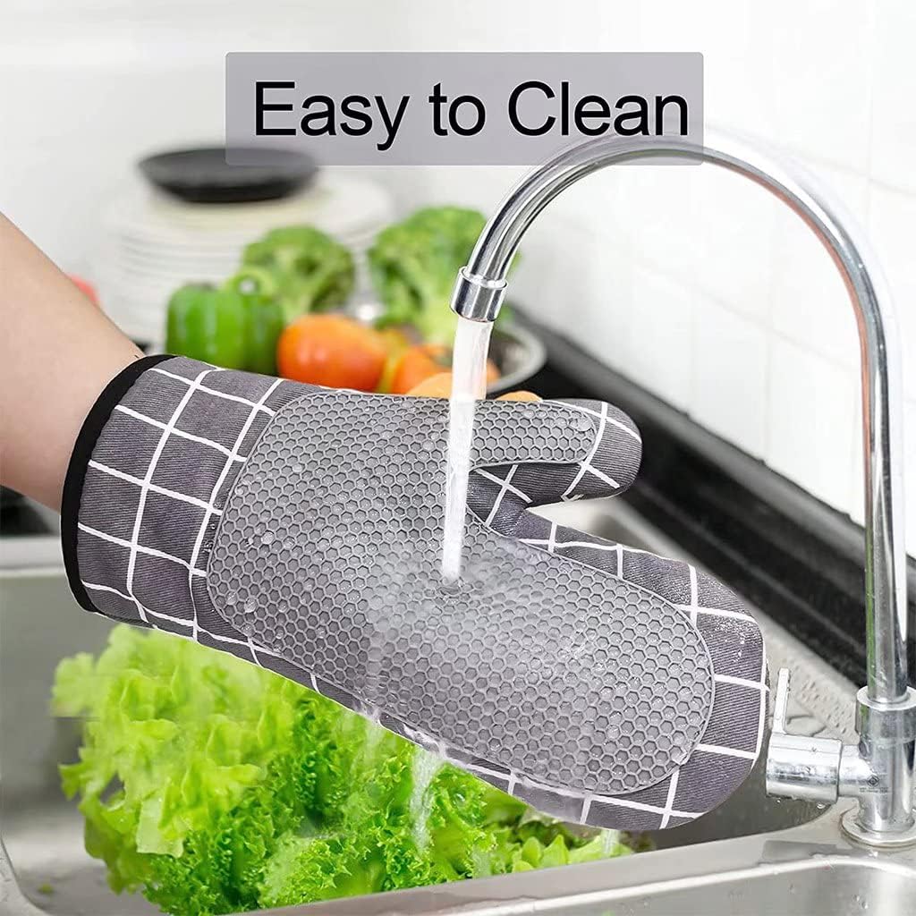 Oven Gloves, Silicone Oven Gloves, Cotton Lining and Non-Slip Surface, Square Stitched Heat Resistant Gloves for Kitchen, Baking, Grilling（Gray）