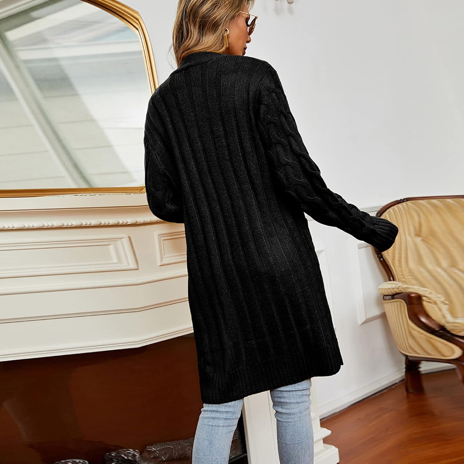 Women's 2022 Long Sleeve Cable Knit Cardigan Oversized Open Front Button Down Chunky Cozy Sweater Coat with Pockets