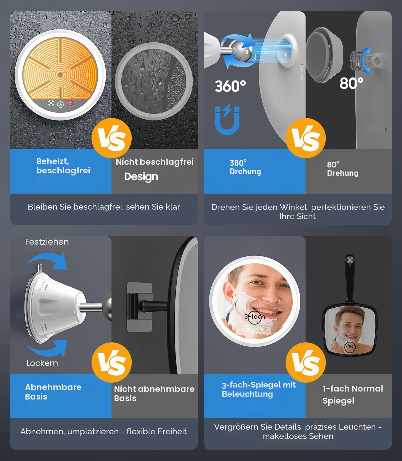 Gospire Beheizter Duschspiegel, beschlagfrei, mit Licht, 5000 mAh Akku, 360° drehbar, 21,1 cm großer Anti-Beschlag-Rasierspiegel mit 3 Farben, stufenlos, dimmbar, inklusive 2 Klebehaken, 3 Stück