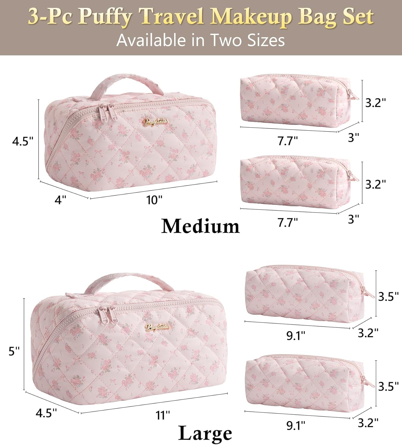Travel Makeup Bag, 3 Pcs Large Capacity Puffy Toiletry Bag for Women, Open Flat Make up Cosmetic Organizer w/Handle & Clear Divider Water-resistant Portable Pouch Travel Essentials, M-Pink Rose