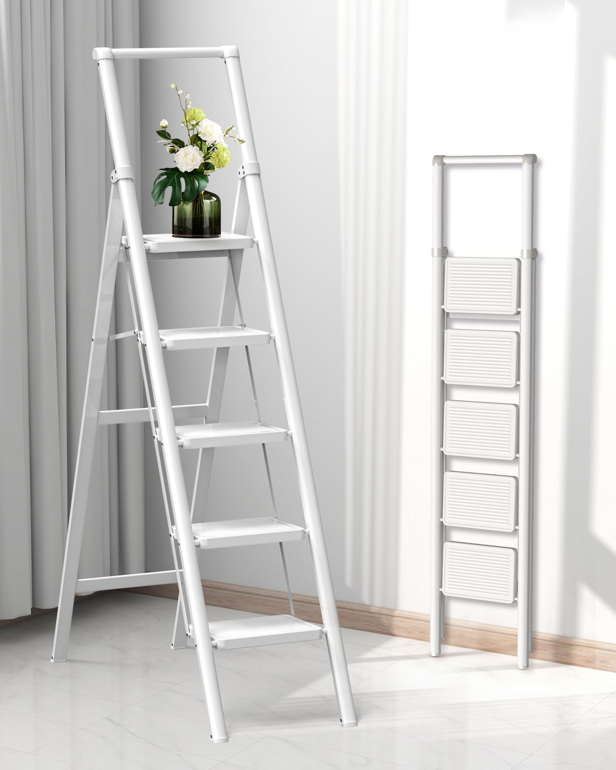 5 step ladder, folding step stool with handgrip and anti-slip wide pedal, portable stepladder for kitchen, home, library, office (300 lbs capacity) - white
