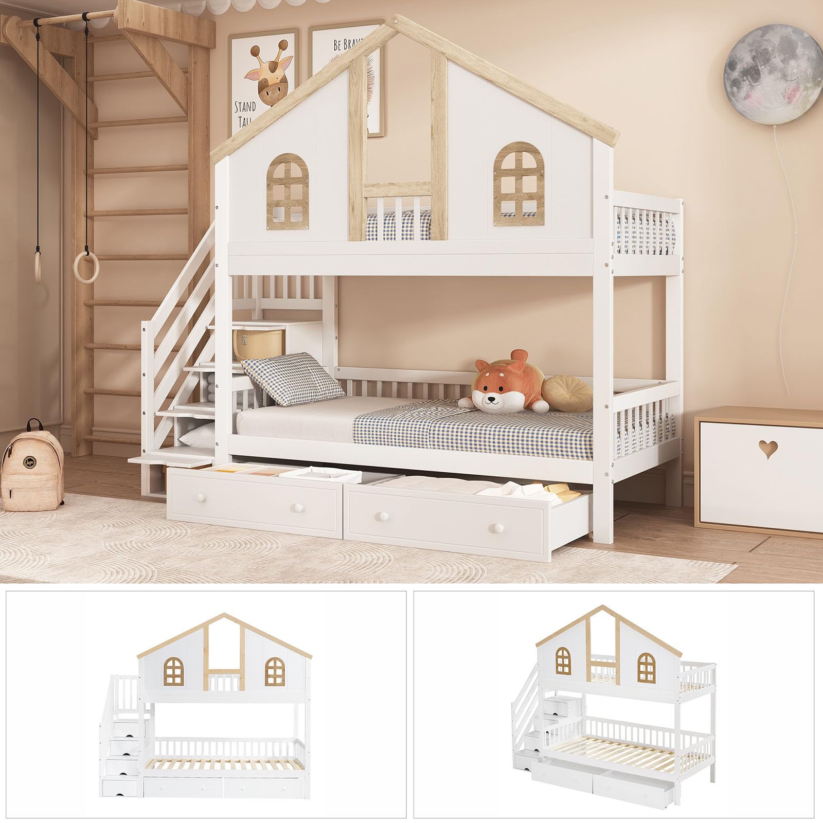 Letto a castello per bambini, 90 x 200 cm, con porta di sicurezza, finestra, due cassetti su ruote e scala con quattro ripostigli. Legno bianco e naturale. (Bianco)