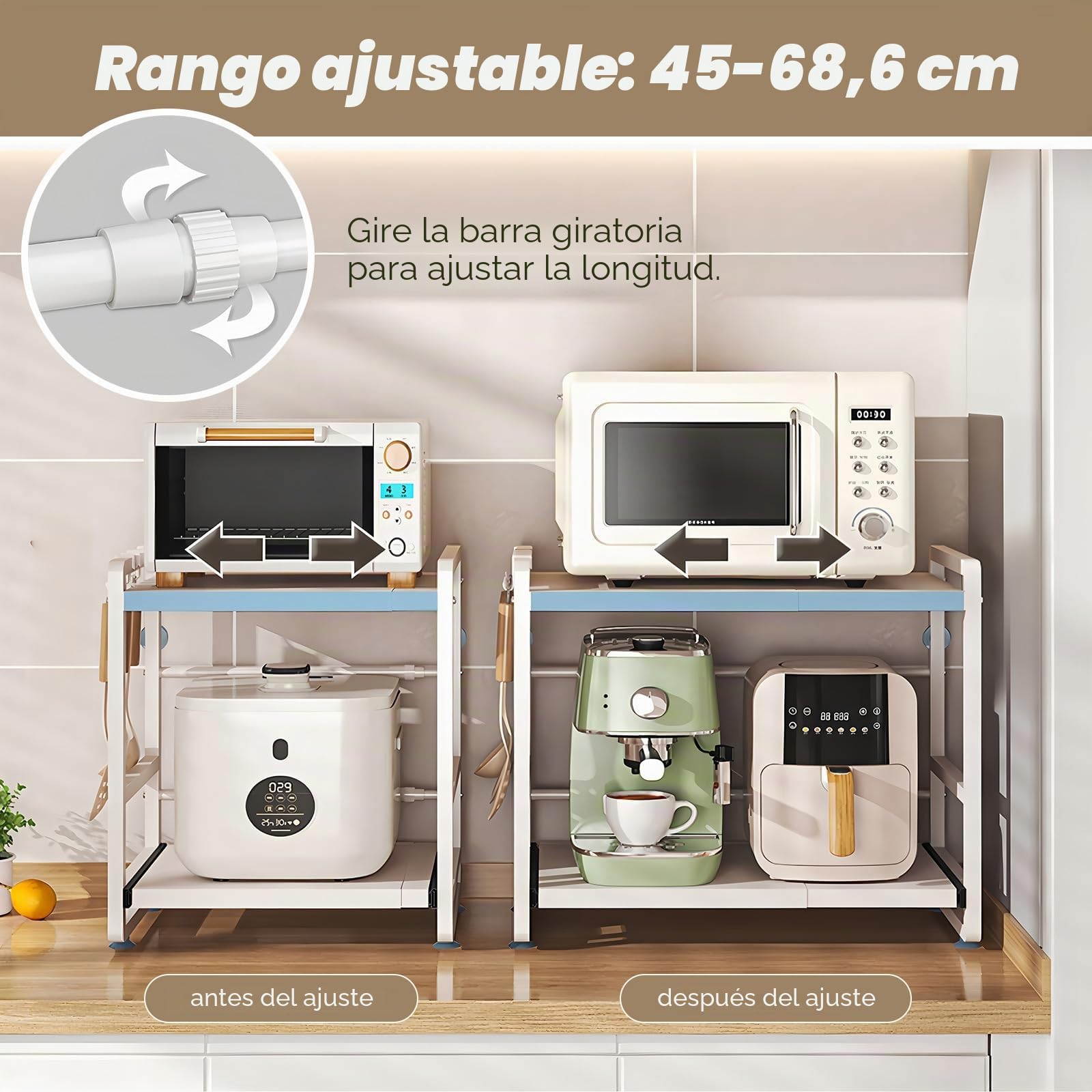 Estante de cocina con 2 niveles, altura ajustable y estante extensible con cajón, acero al carbono, ganchos y ventosas de refuerzo, fácil montaje, color blanco