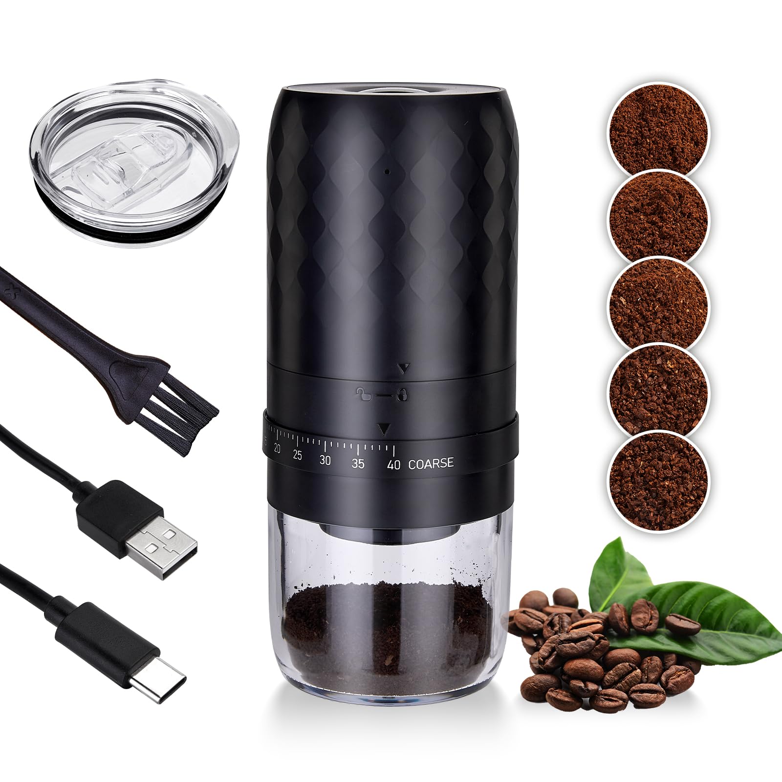 Portable Burr Coffee Grinder Electric with 40 Adjustable Grind Settings, Conical Burr Rechargeable Coffee Bean Grinder with Cleaner Brush, Ground Coffee Cup Lid, for Home Use, Travel Camping
