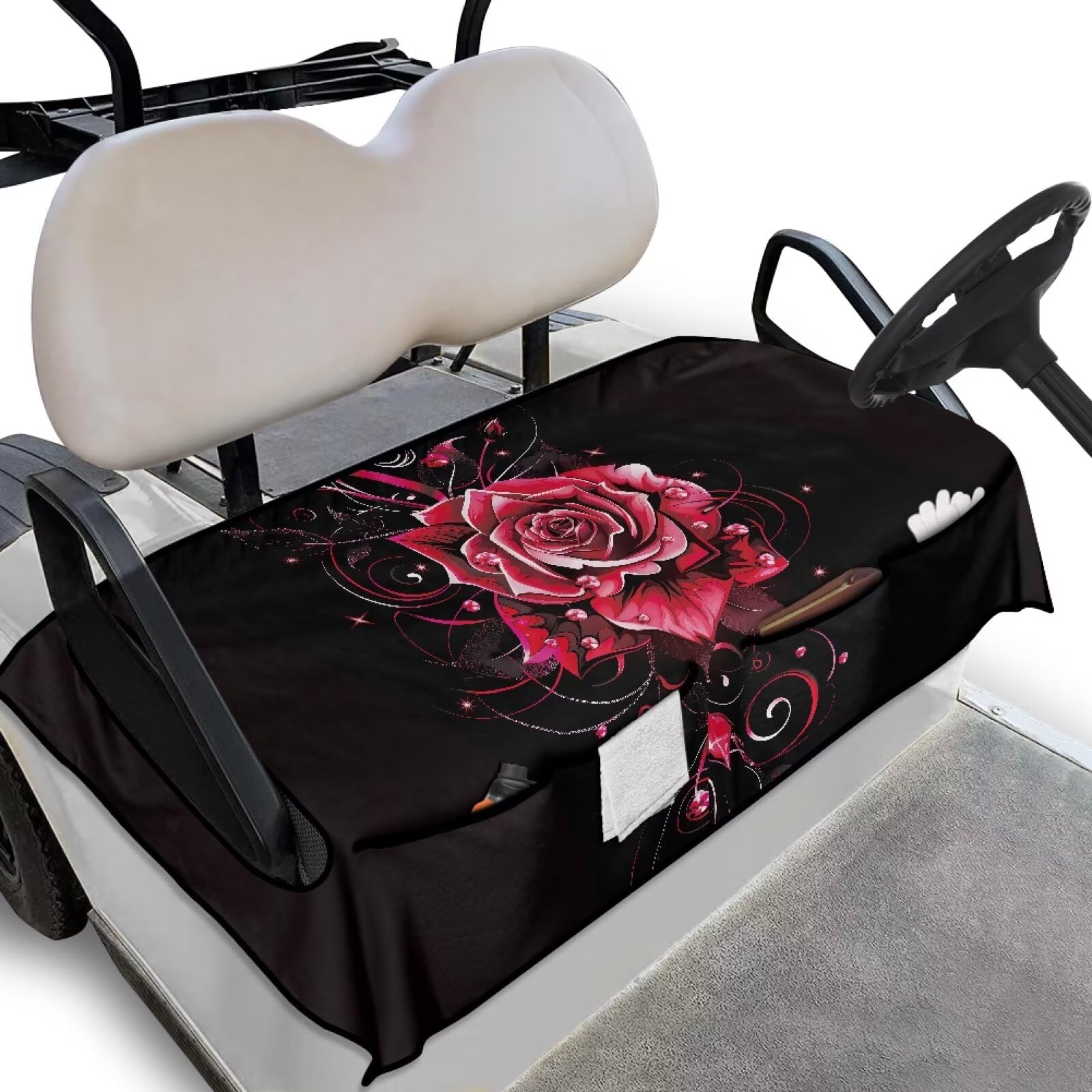 Biyejit Red Rose Golf Cart Seat Covers with 2 Pockets Portable Golf Cart Seat Towel EZGO Golf Cart Seat Cover for Club Car Travel Sports Shown Stay Cool