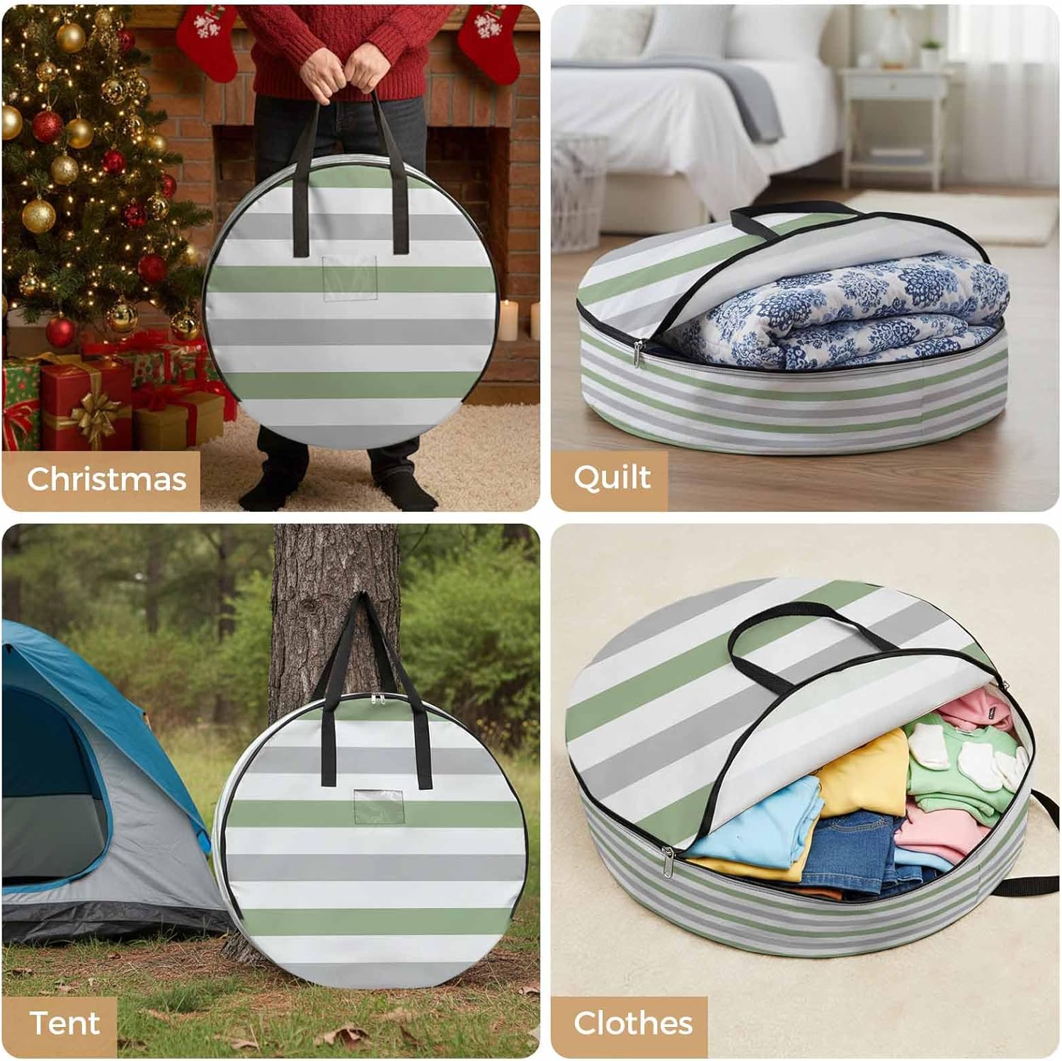 Geometric Sage Round Storage Bag 36 Inch, Green and Gray Stripes Clothes Storage Container with Handles Heavy Duty Organizer for Comforter, Bedding & Holiday Wreaths