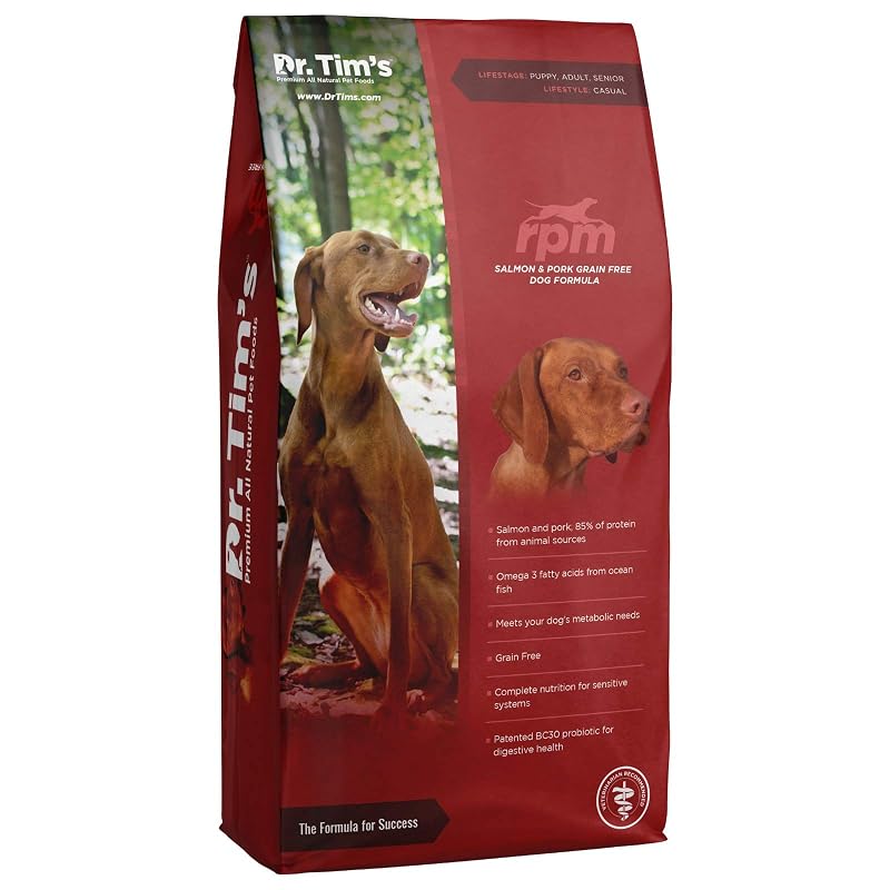 Ração seca para cães adultos e sênior sem grãos com salmão e carne suína Dr. Tim's RPM 2,27 kg
