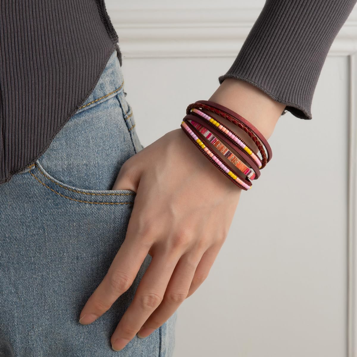 Rantanto Boho Braided Leather Wrap Bracelet Trendy Layered Cuff Bracelets Bohemian Stackable Fashion Bracelet Jewelry For Women - Image 4