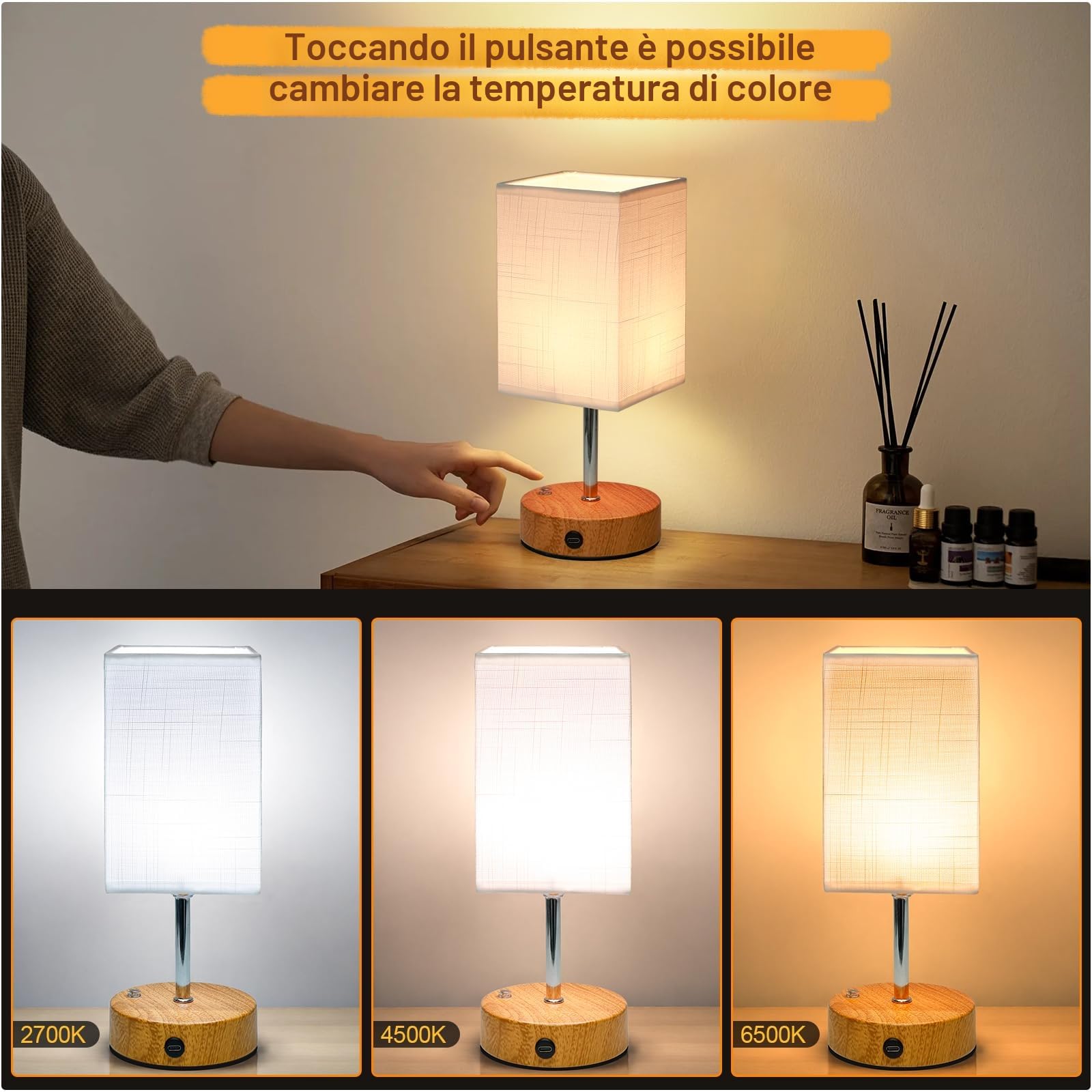 TRUMPETS Lampada da Comodino Touch Dimmerabile Ricaricabile 6000 mAh USB-C,Paralume in Tessuto di Lino, Abat Jour da Comodino per Camera da Letto Soggiorno.
