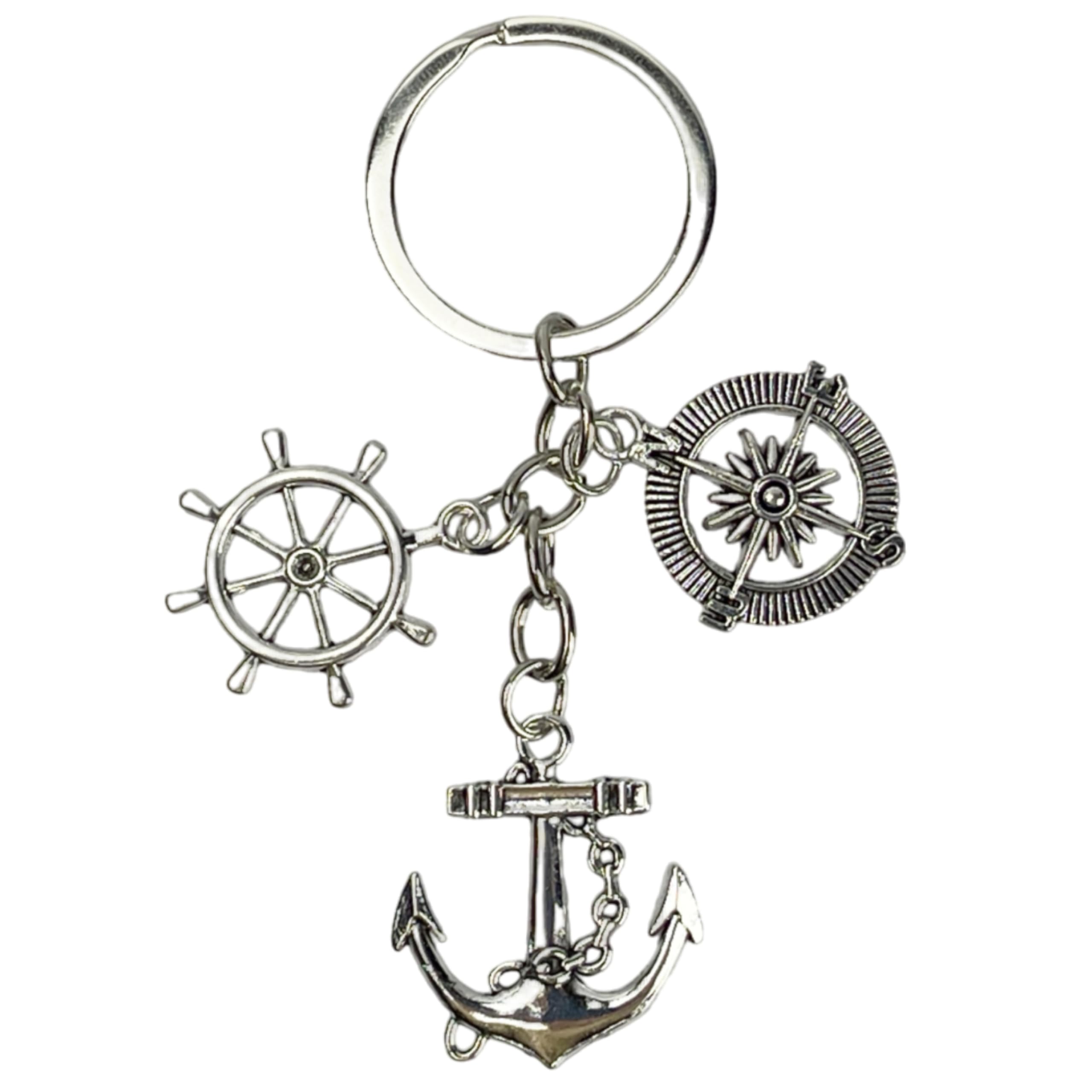 Portachiavi Marinaio con Timone e Ancora - Portachiavi Capitano di Barca con Timone, Ancora e Rosa dei Venti o Bussola - Accessorio per amanti dell' avventura, Marinai - Portachiavi unisex uomo e