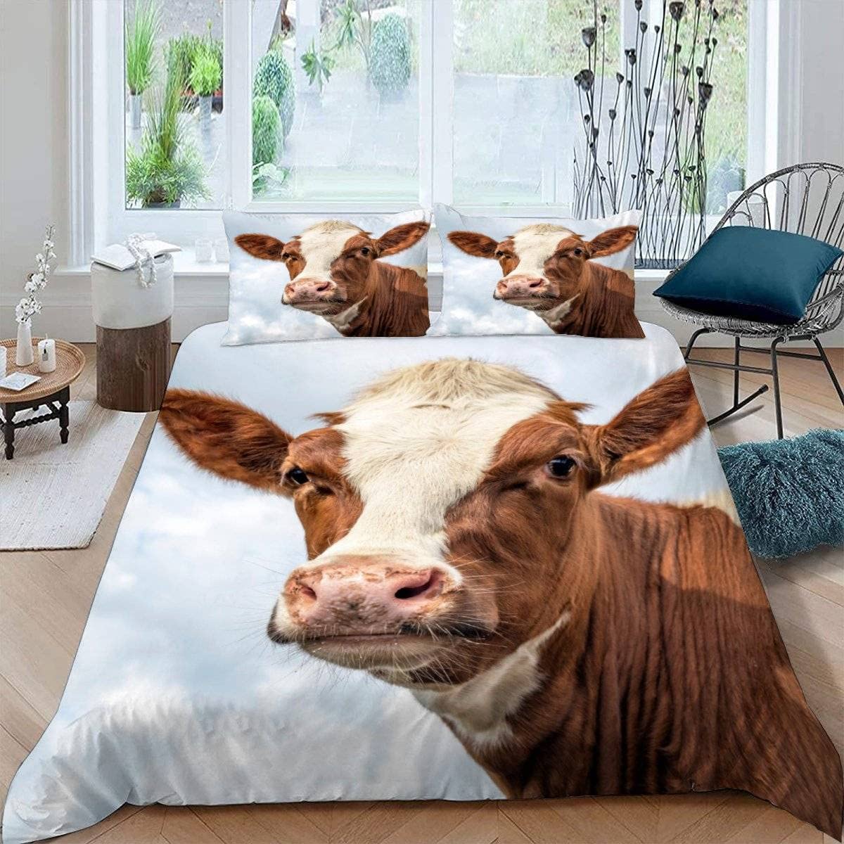 RFFLUX 3D Cow Single Duvet Cover Set 3 Pieces 135x200 Soft Microfiber Farm Animals Cattle Quilt Cover with Zipper Closure Easy Care Bedding Set with 2 Pillowcase for Kids Boys Girls Teens — image 1