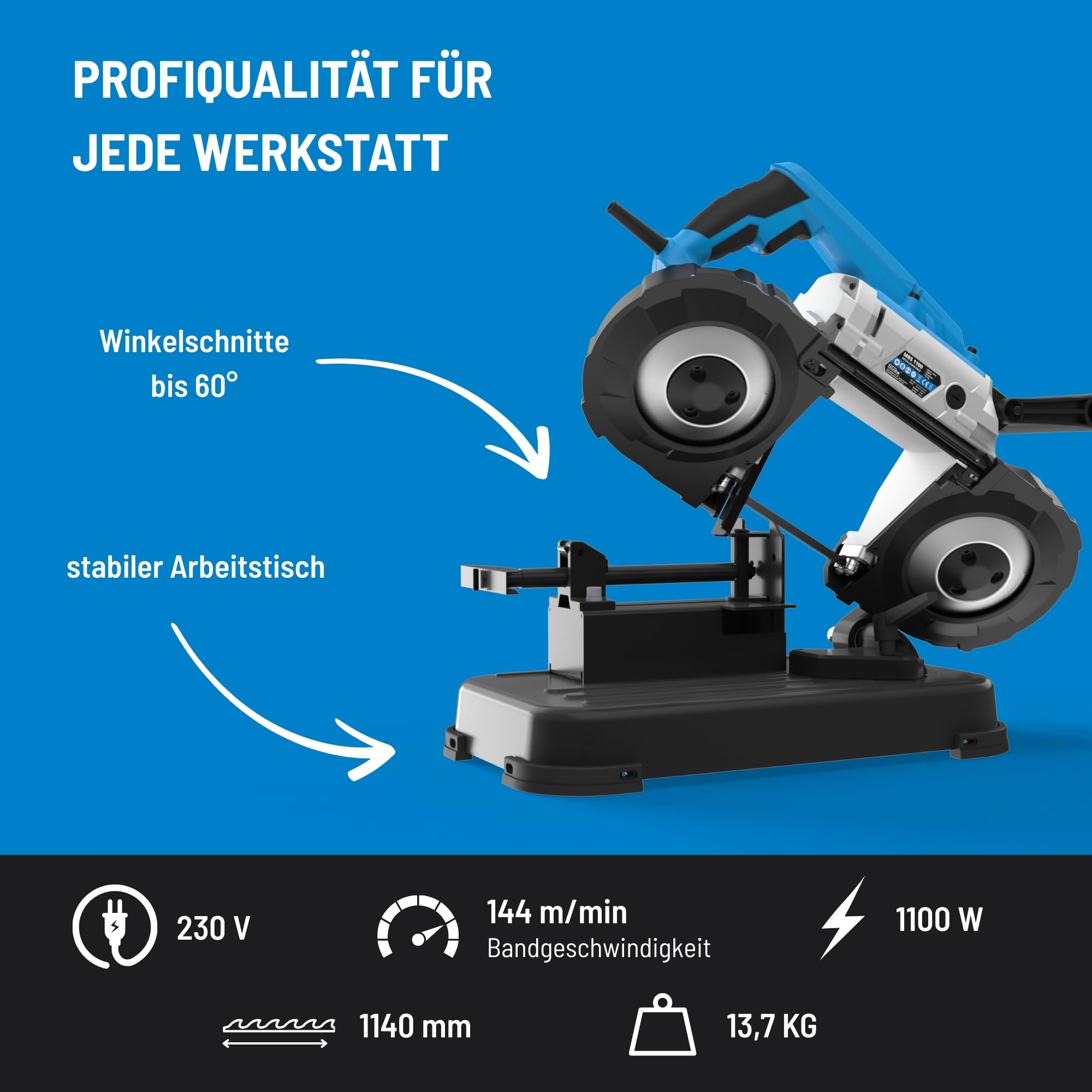 Güde Metallbandsäge MBS 1100 (1100 W, abnehmbarer Arbeitstisch (stationären & mobilen Einsatz), Bandgeschwindigkeit 144 m/min, 2 Sägebänder 1140 mm, LED Licht, Schnittleistung bis 100 mm/ø120 mm)