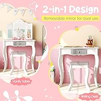 Vista 7 de Juego de tocador para niños Costzon, 2 en 1, mesa de maquillaje y silla princesa con espejo plegable desmontable, tocador para niñas pequeñas