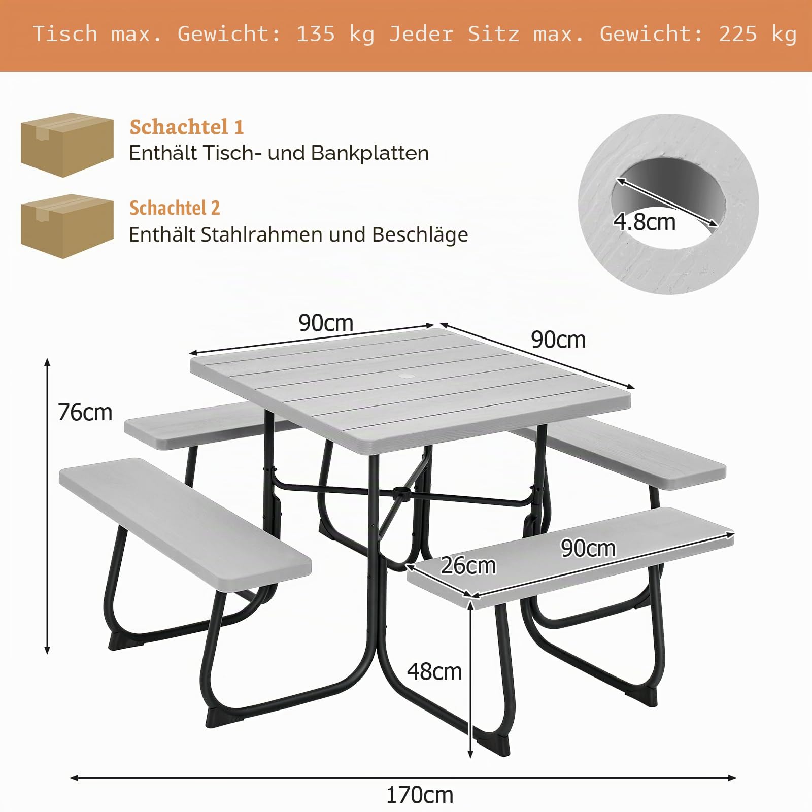 KOMFOTTEU Bierzeltgarnitur für 8 Personen, Quadratisches Picknicktisch Set mit Schirmloch & 4 Bänken, Gartenmöbel Set aus HDPE & Metall, Gartengarnitur Sitzgarnitur für Terrasse (Grau)