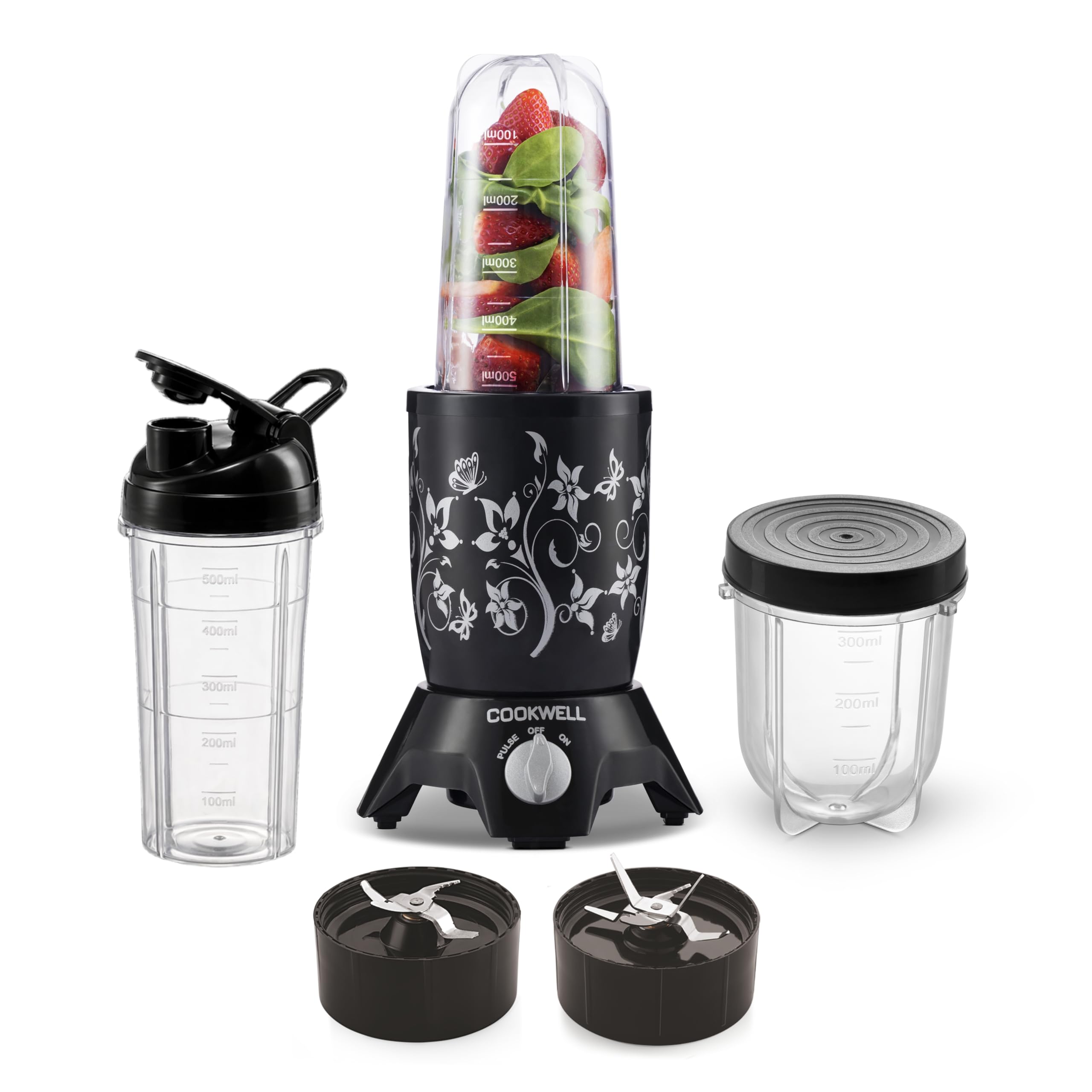 Cookwell Bullet Mixer Grinder, 600W, Push + Knob Modes (3 Jars, 2 Blades, Black)