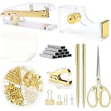 Gold Office Supplies,Gold Desk Accessories,Stapler and Tape Dispenser Set with Stapler,Tape Dispenser, Staple Remover, Staples, Clips,Scissor,Ballpoint Pen and Sticky Notes,Gifts for Office Clerks
