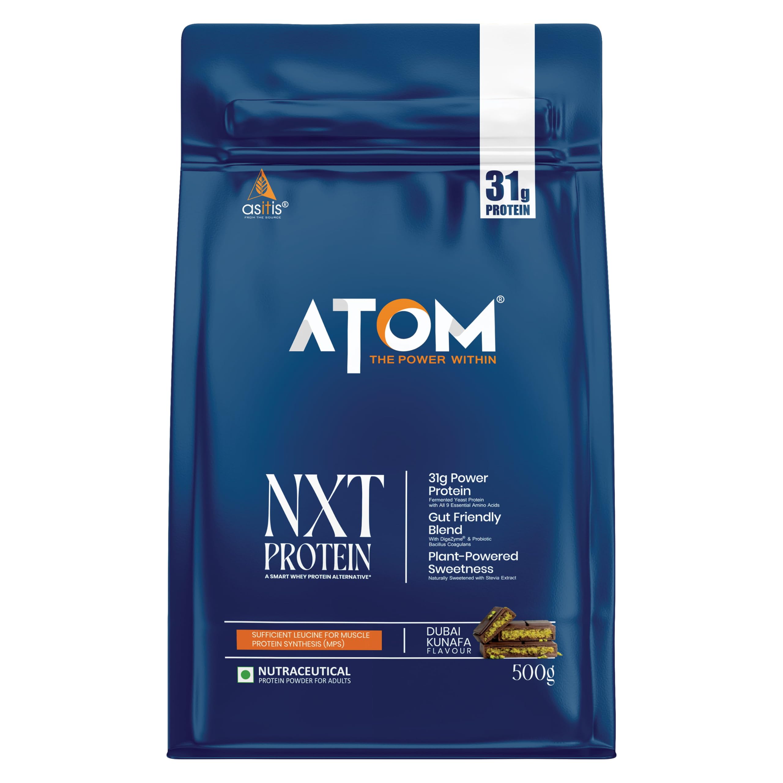 AS-IT-IS ATOM NXT Protein Dubai Kunafa, 500g - 31g Muscle Fuel from Yeast Protein with DigeZyme® for Better Absorption, Balanced Amino Support for MPS Trigger, Supports Muscle Growth, Recovery & Strength-image-40