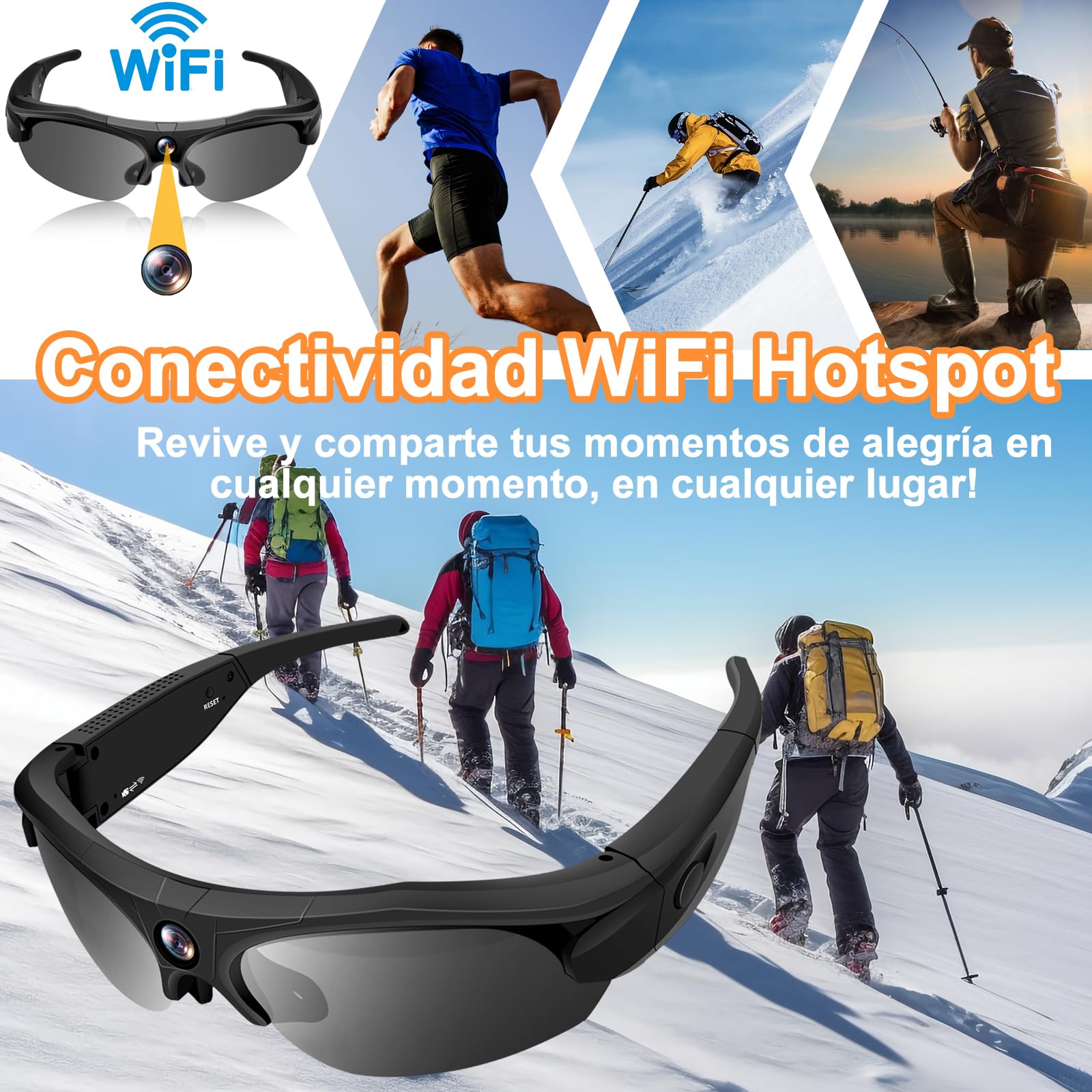Gafas con Camara 4K WiFi 120° Gran Angular, Lentes Polarizadas | 100min batería, 256GB SD, grabación en bucle, lentes UV, estuche incluido