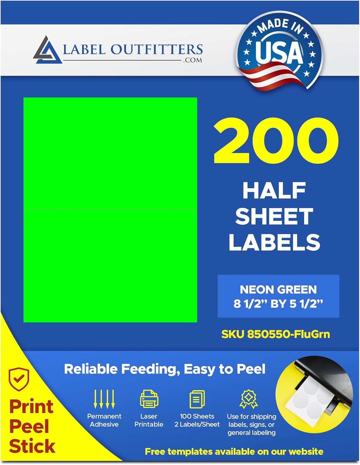 200 Label Outfitters® Half Sheet Fluorescent Neon Green Labels, 8-1/2 x 5-1/2 inches for Laser Printers Only