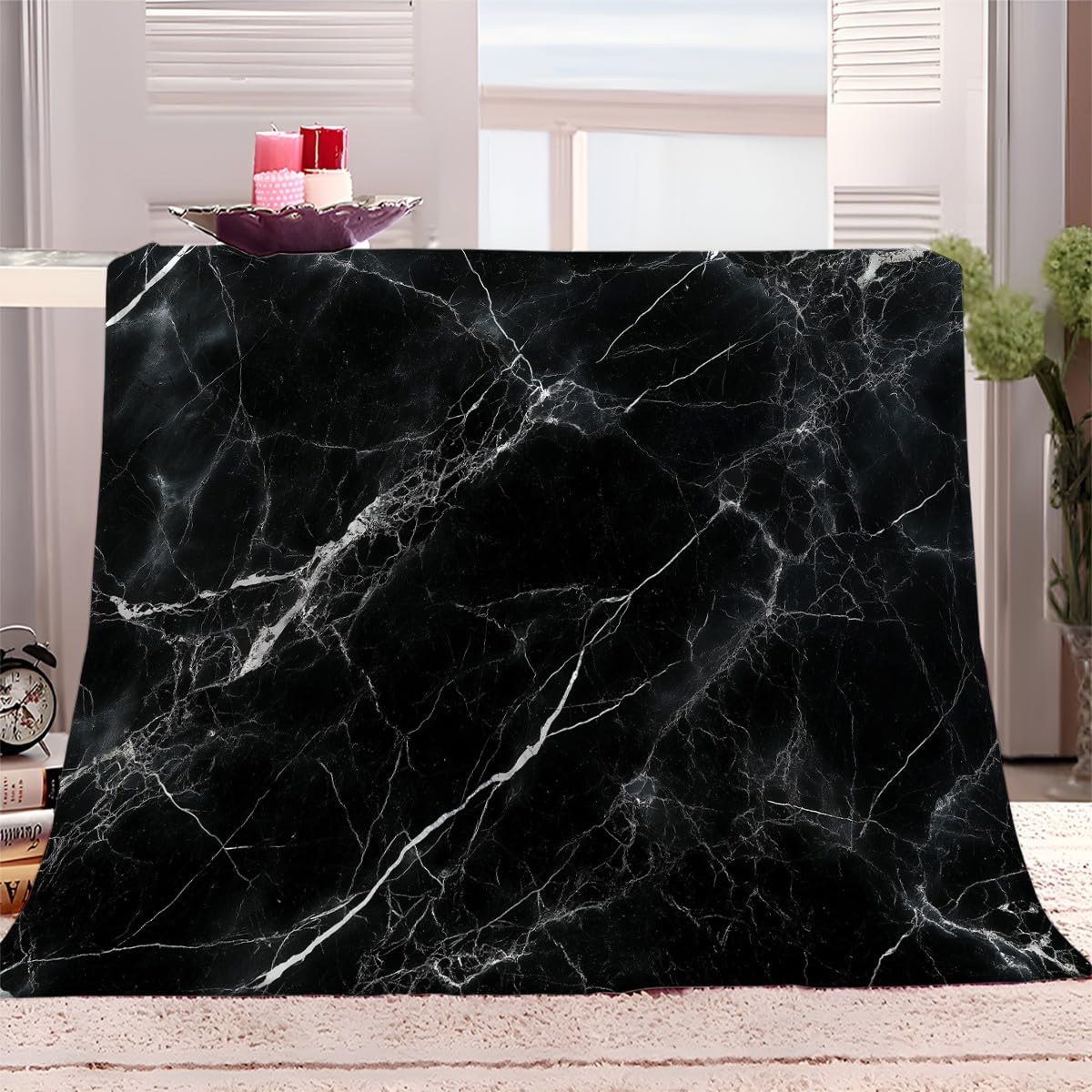 Fleece Blanket 130x150 cm Black White Marble Throw Blanket for Kids Adult, Fluffy Soft Warm Sherpa Fleece Blankets for Bed Sofa Armchair, Fit All Season