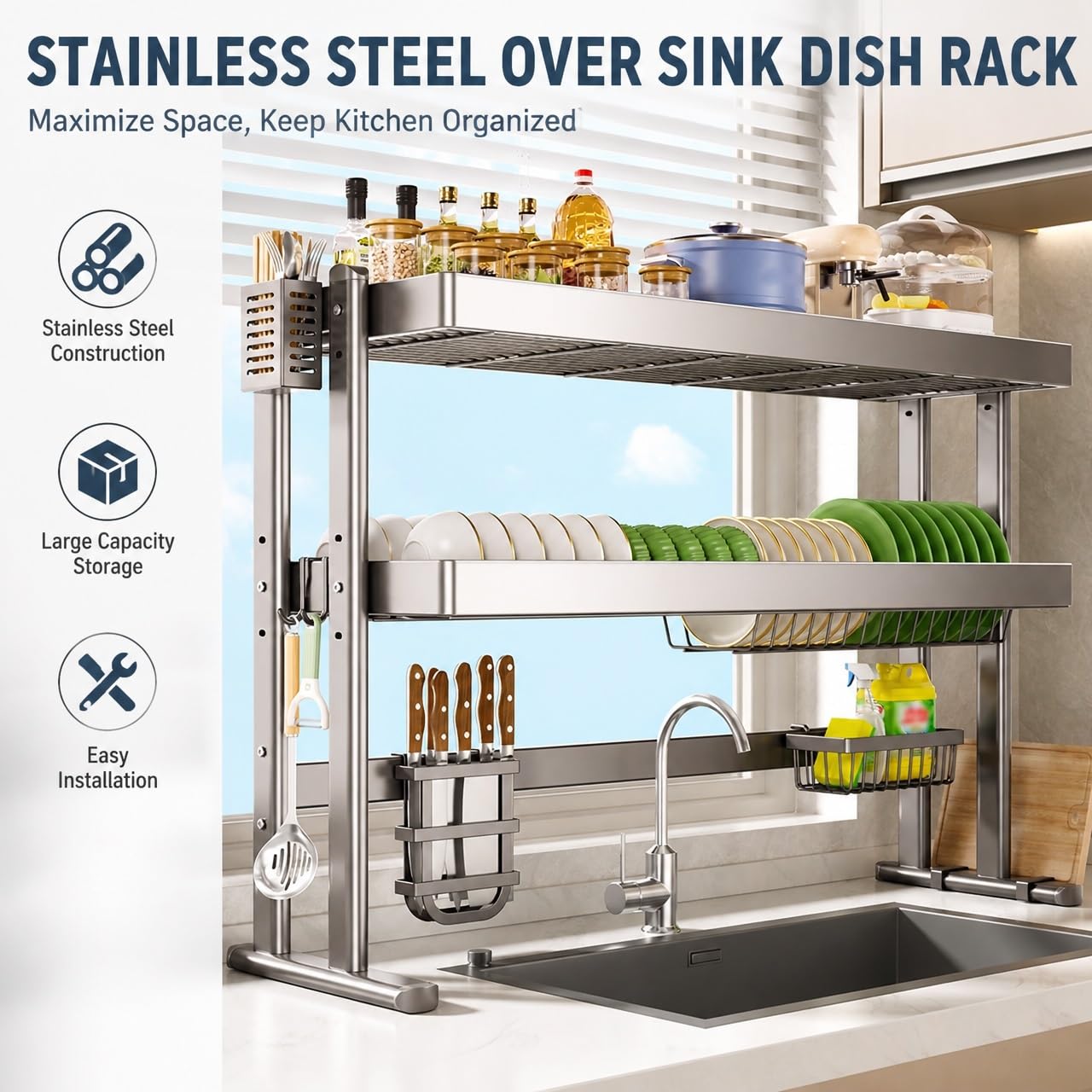inless - Escurridor de platos de acero para colocar sobre el fregadero, organizador de cocina que ahorra espacio para un secado eficiente de platos y secado rápido, resistente al óxido, diseño fácil