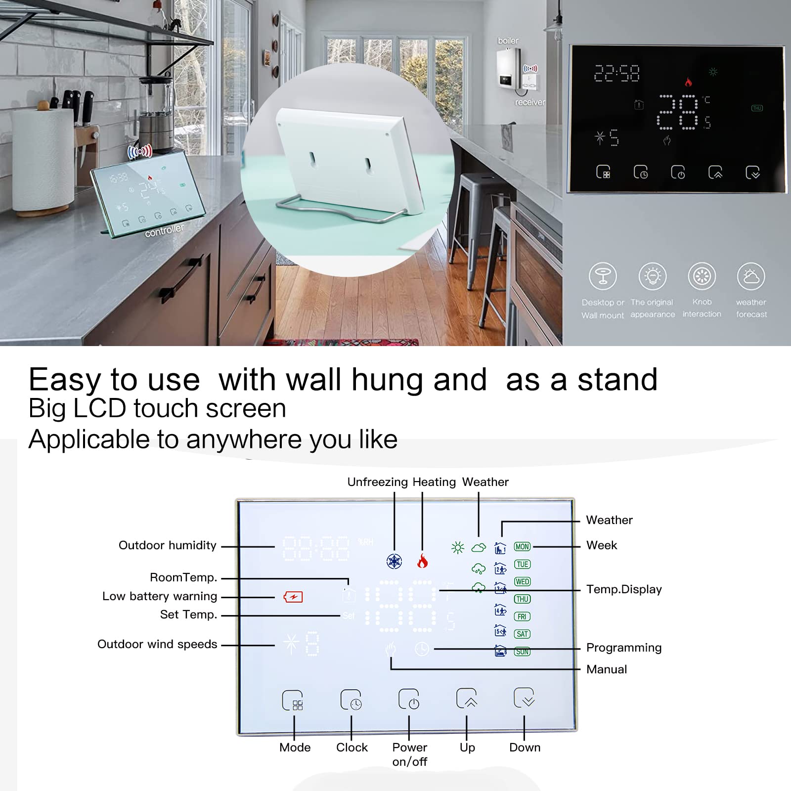 Termostat Smart RF Wifi dla kotła gazowego/wody programowalne ogrzewanie Termostat ścienny do pokoju Współpracuje z Alexa Google Home Wyświetlacz Dotykowy Wireless Regulator Temperatury
