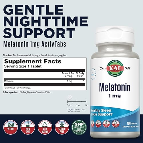 Miniatura 2 de KAL Ayuda para dormir de melatonina de 1 mg, tabletas de melatonina de acción rápida, relajación calmante y apoyo al ciclo del sueño, vegano, sin