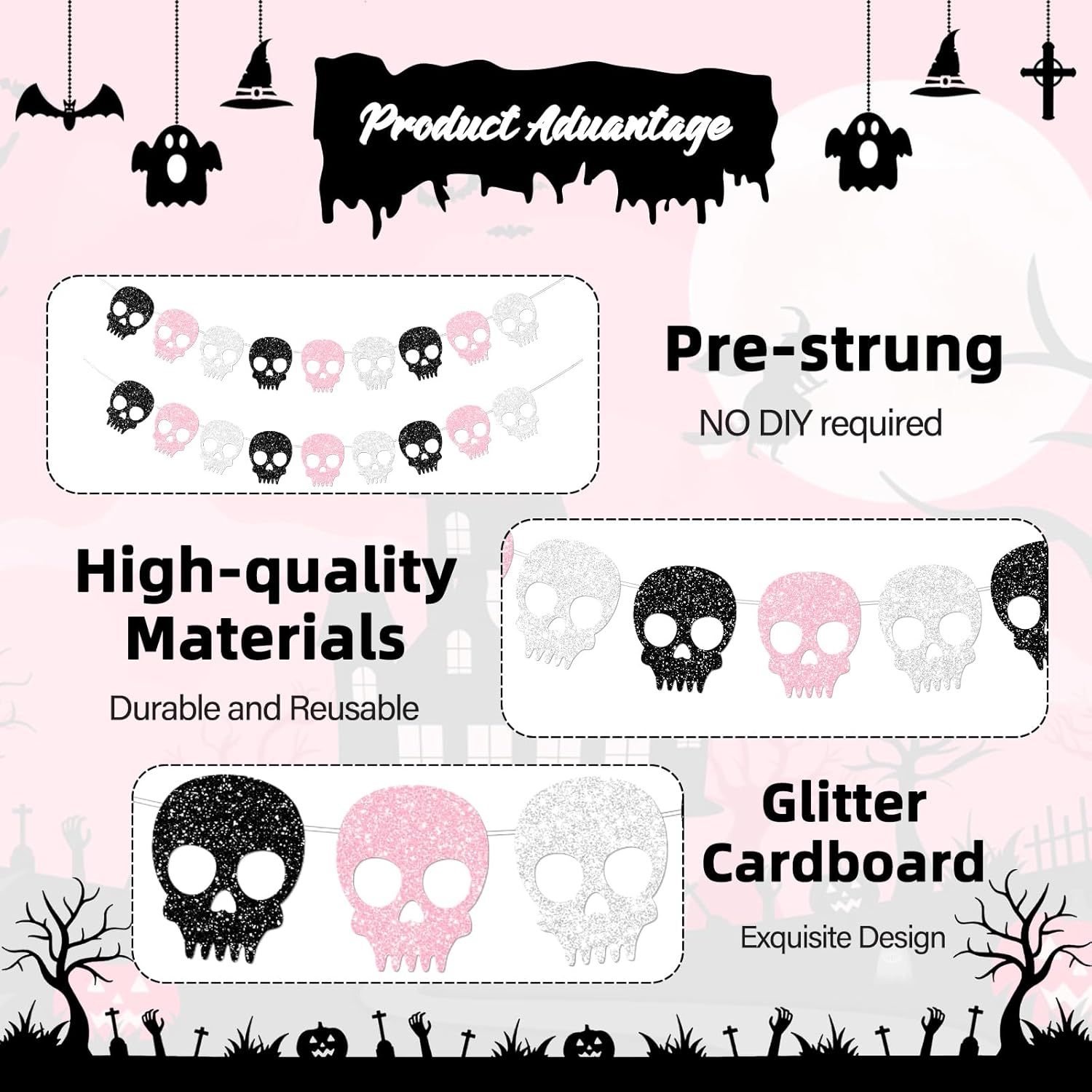 2PC Black/Silver/Pink Skull Garland for Halloween Party Decorations Glitter Skull Banner for Girl/Women Gothic Birthday Decorations Supplies - Image 4