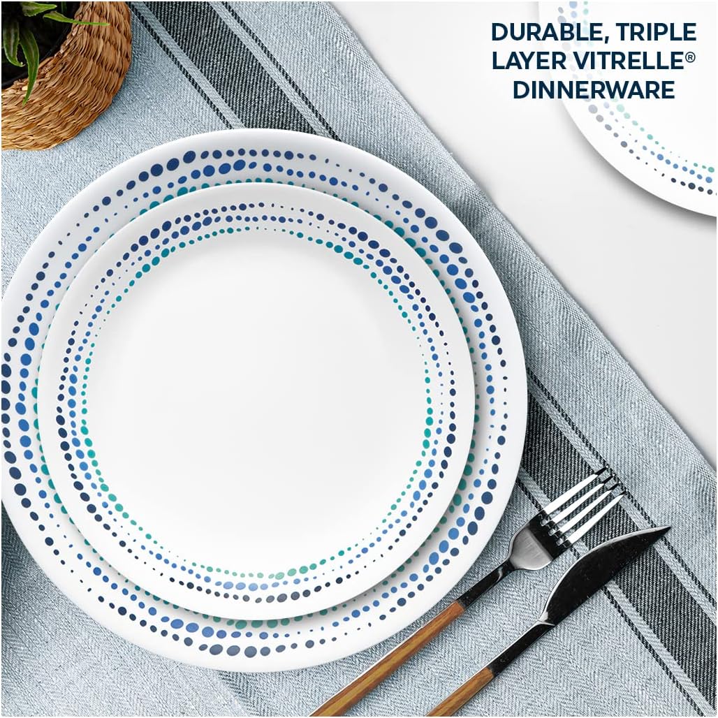 Corelle Ocean Blues 16pc Dinnerware Set, 8 Plates, 8 Bowls, Chip & Break Resistant, Dinner Plates and Bowls, Corelleware, White