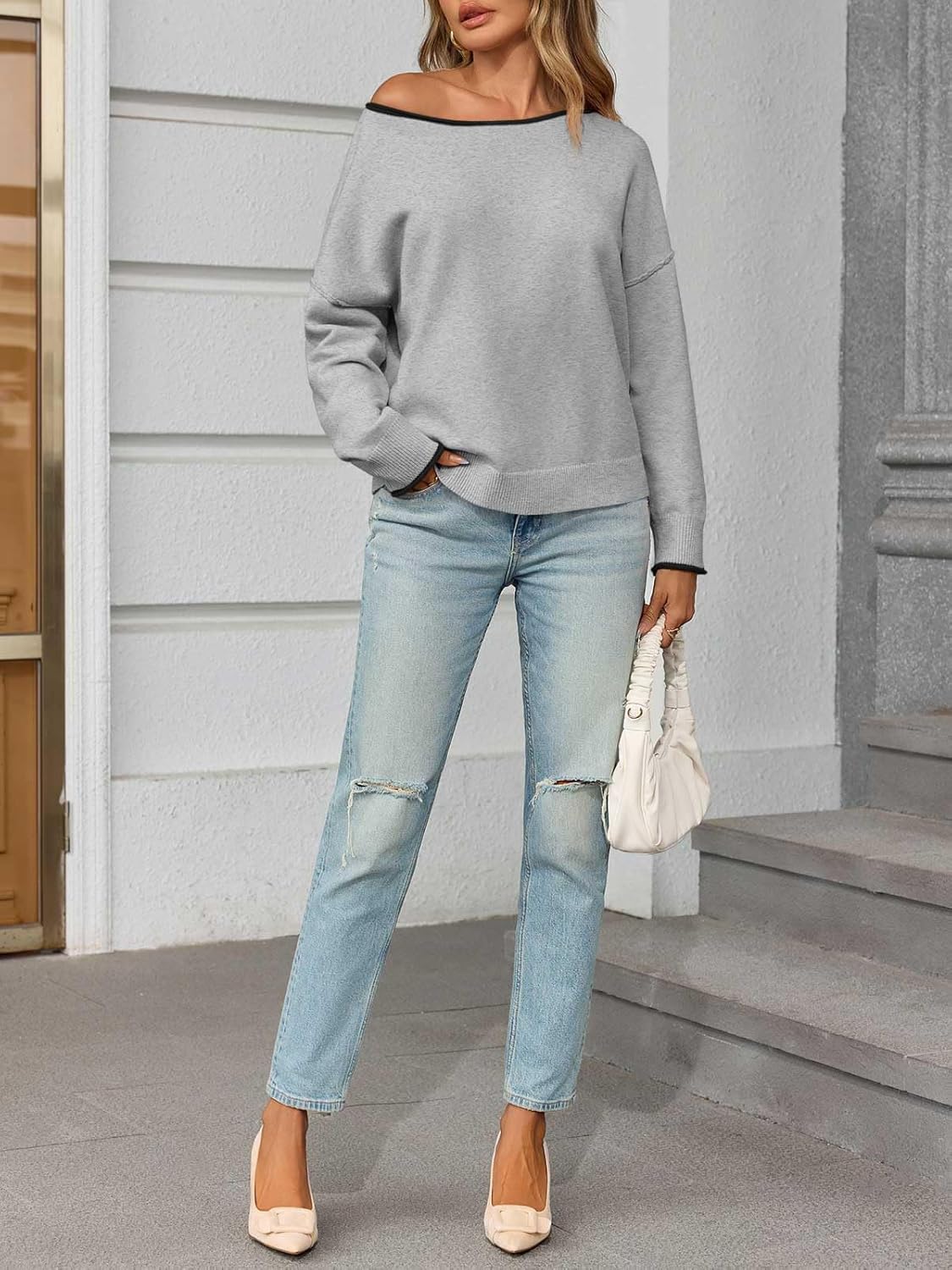 Saodimallsu Womens Off The Shoulder Sweater Oversized Long Sleeve Knit Sweaters 2025 Casual Color Block Trendy Jumper Tops - Image 5