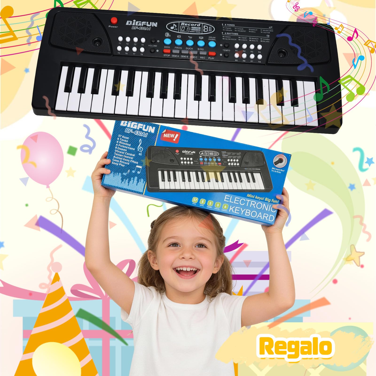 Tastiera Musicale per Bambini con Microfono – Pianoforte per Bambini 37 Tasti, Mini Pianola con Funzione di Registrazione, USB/Batteria