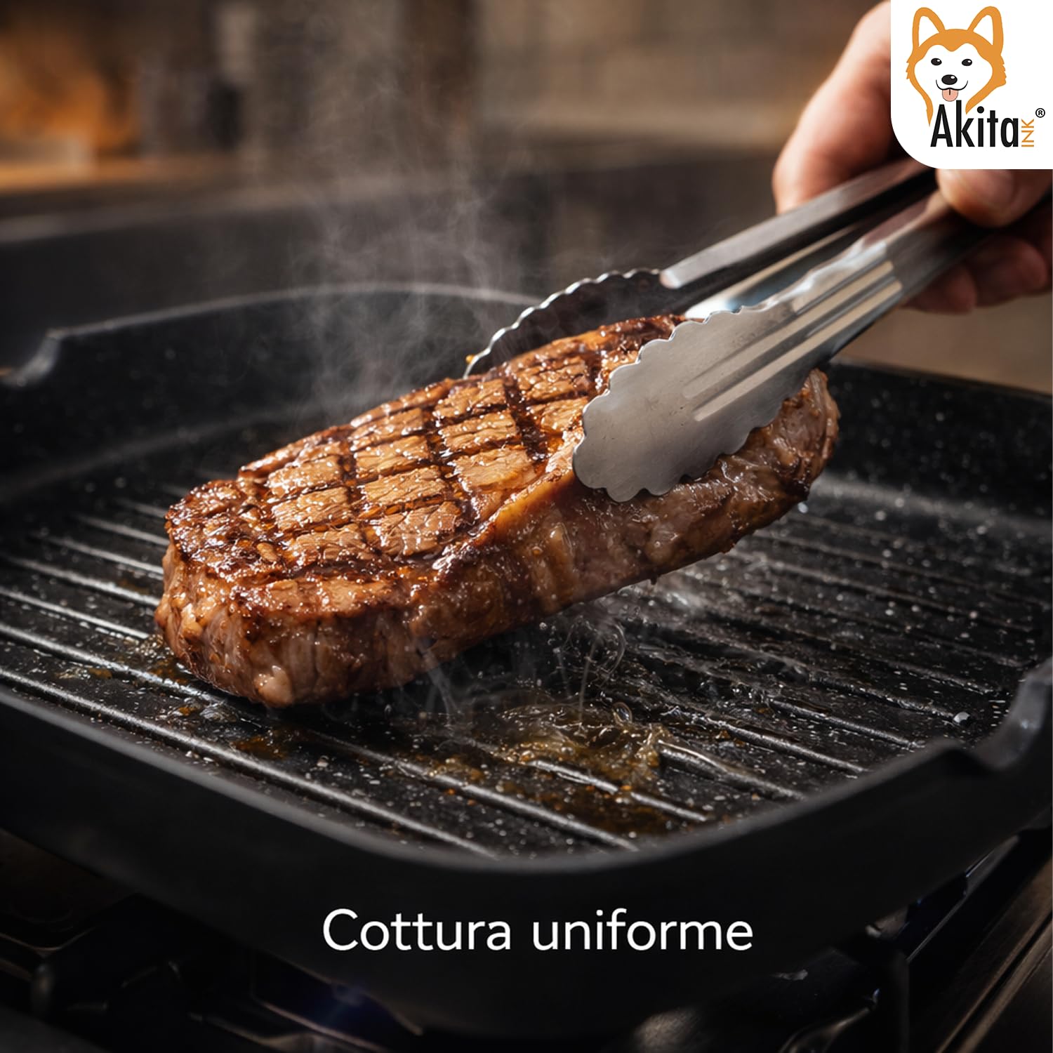 AKITAInk Bistecchiera in Alluminio Pressofuso Antiaderente Quadrata e Rettangolare, Ideale per Carne, Verdure e Grigliate, Compatibile con Induzione, 26x36 cm