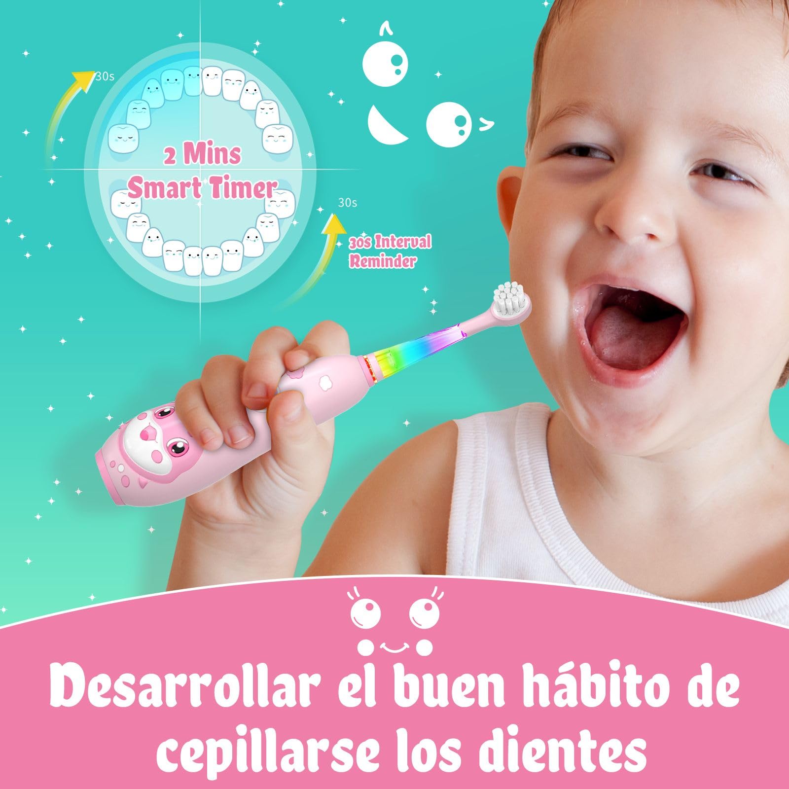 seago cepillo electrico infantil recargable, cepillo dientes bebe con luz LED, temporizador y 8 cabezal de recambio para niños mayores de 2 años, IPX7, SG2139(Rosa)