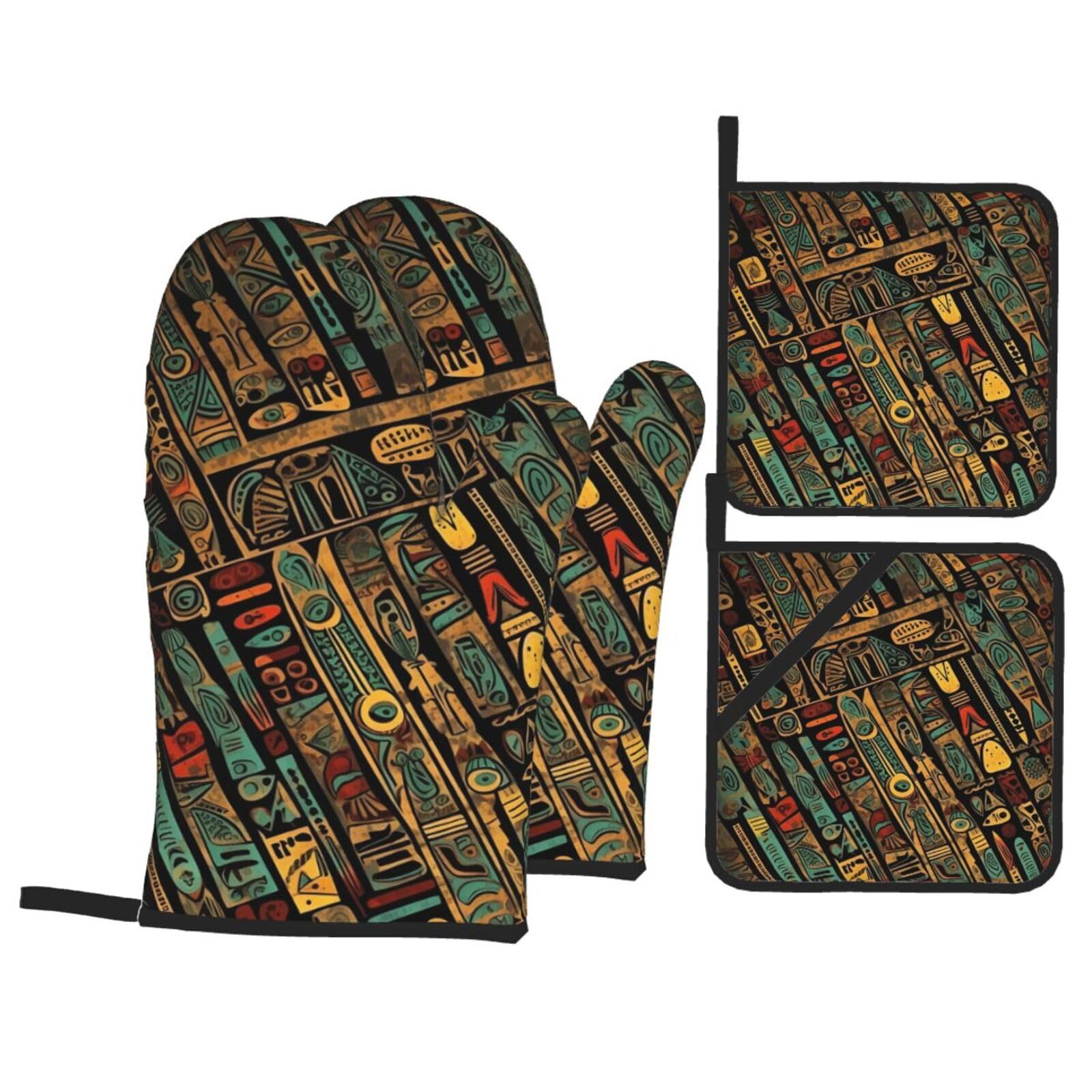 Ofenhandschuhe und Topflappen mit exotischem Tribe-Motiv, Set mit 4 hitzebeständigen Ofenhandschuhen, rutschfest, für Küche, Ofenhandschuhe, waschbar, Topflappen zum Kochen, Backen, Grillen, Grillen Garten