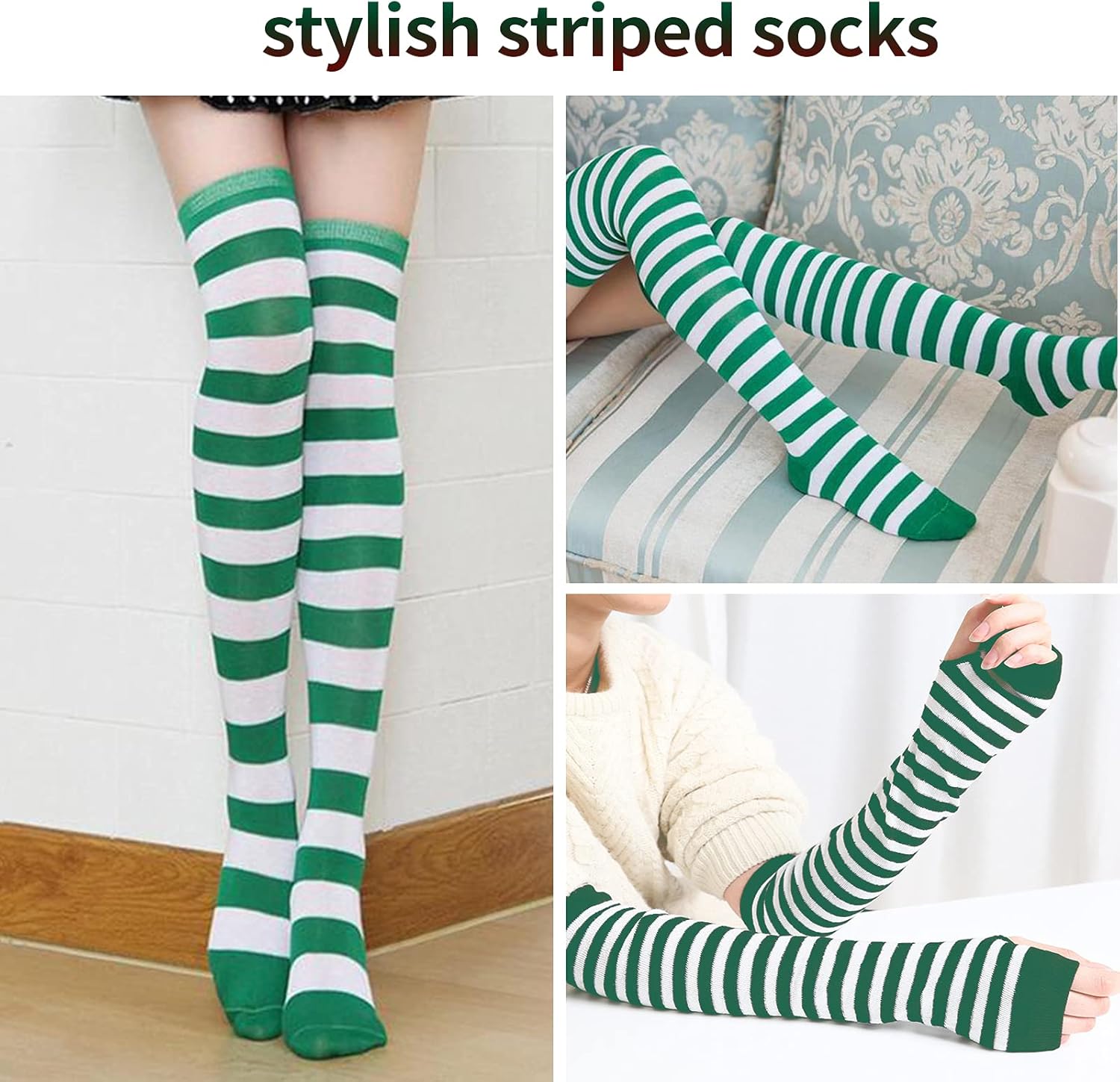 Elfcool 2/4 Sets Womens Long Striped Knee High Socks Knit Fingerless Arm Warmers for Halloween Christmas - Image 5