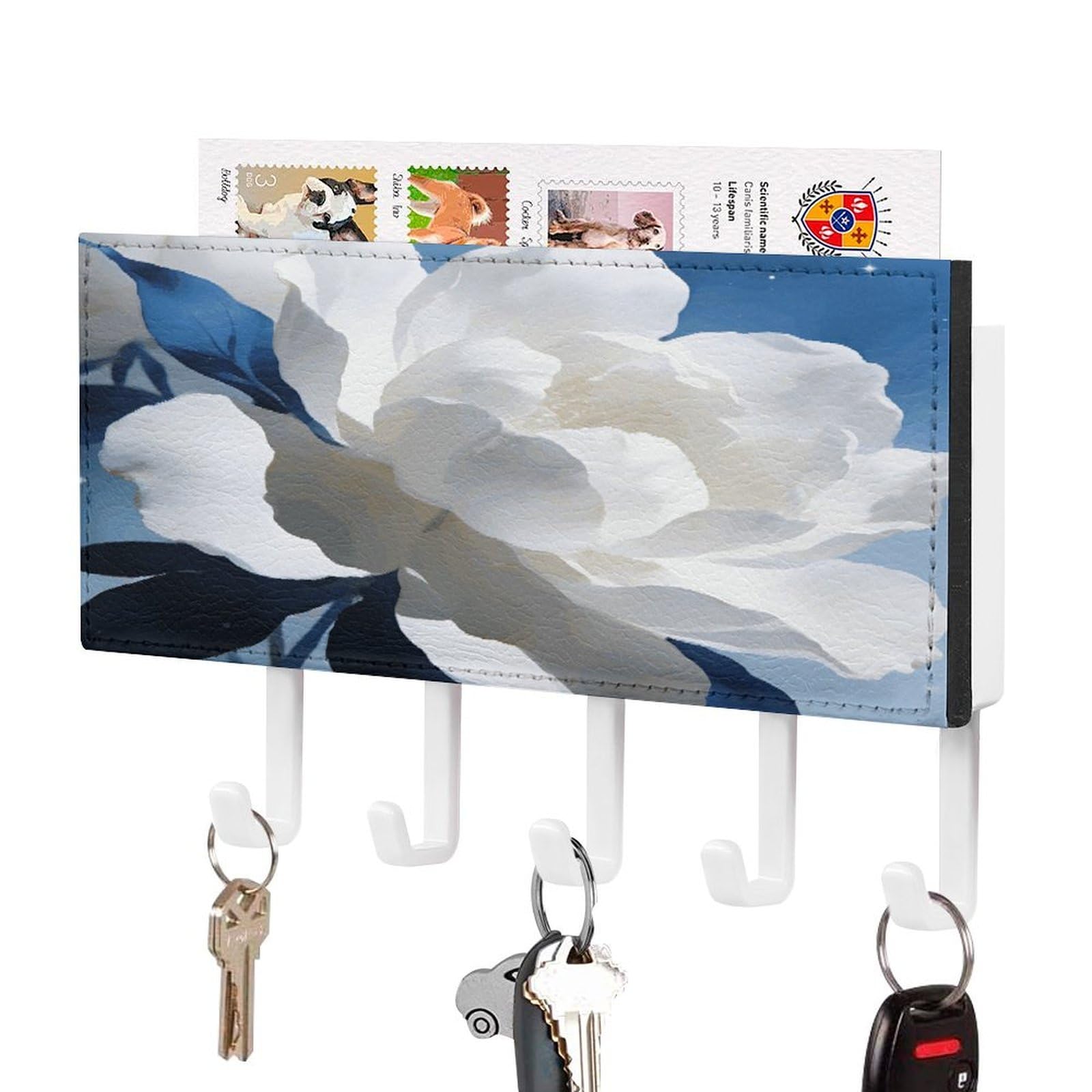 Musm White-Style White Blue Key Holder For Wall,Mail Organizer Wall Mount With 5 Hooks,Easy Installation Key Rack For Home Decor, Hallway, Entryway, Appartment