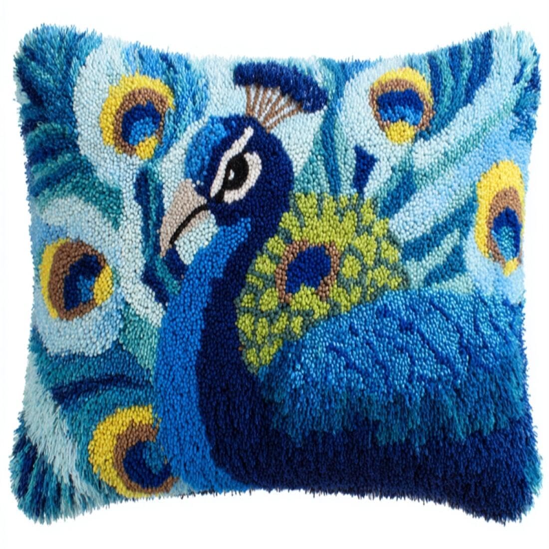 Kitquiver Animal Latch Hook Cushion Kits Cartoon Peacock DIY Latch Hook Kits Pillow Needlepoint Cushion Kit for Home Décor Needlework Set for Adult Beginners 17x17In