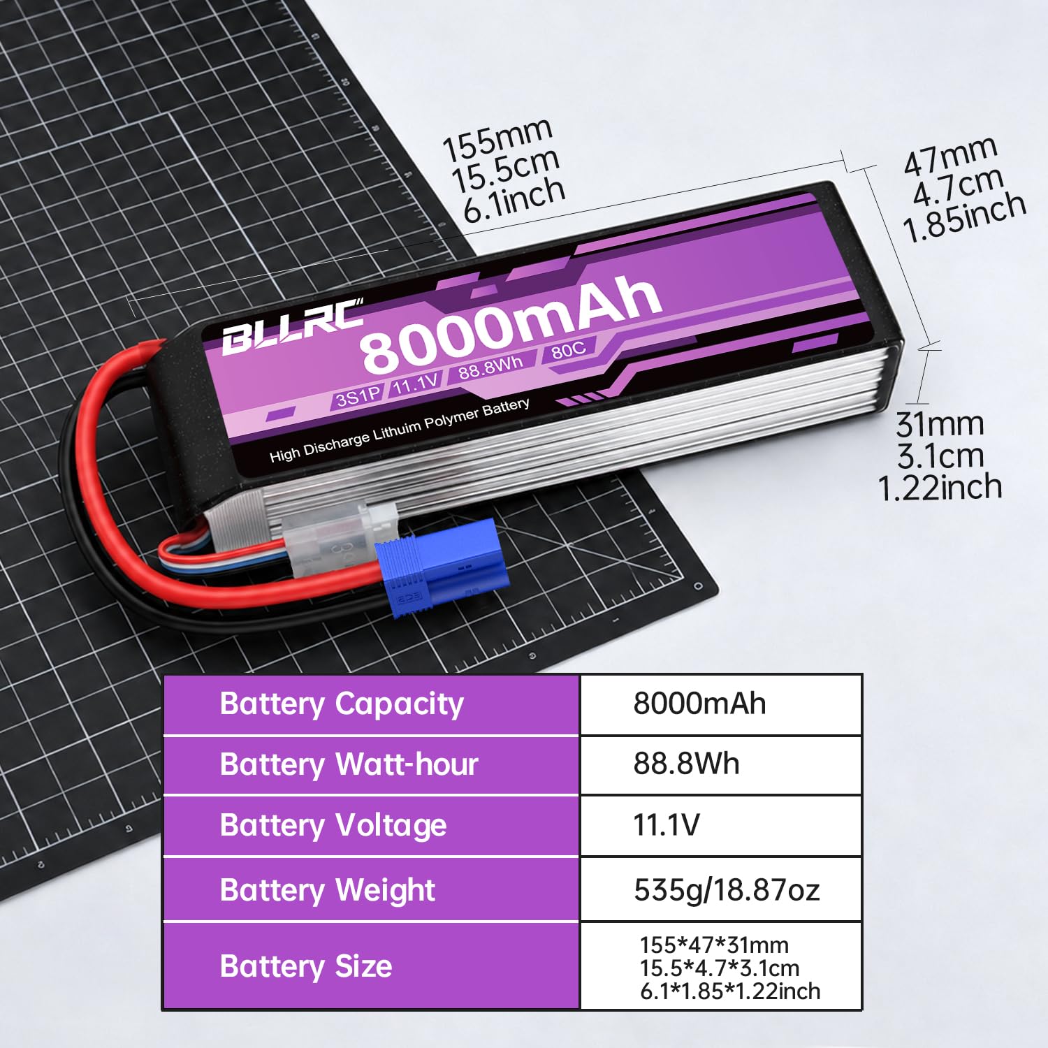 1PCS 3S 11.1V 80C 8000mAh LiPo batería con Conector EC5 para Camiones RC, vehículos Todo Terreno, cuadrocópteros, fotodrones y helicópteros